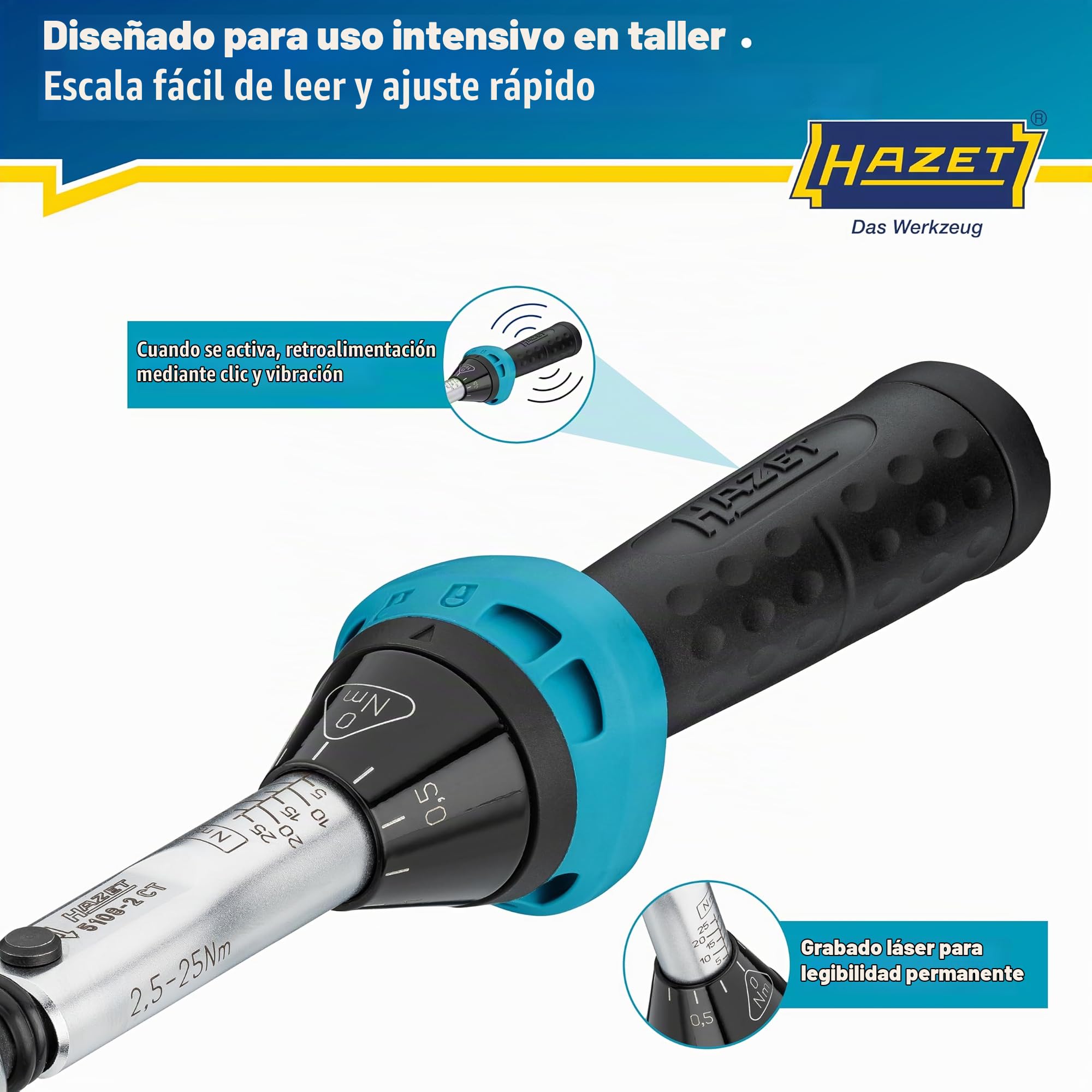 Llave dinamométrica HAZET 5108-2CT para bicicletas I Salida: cuadrada 6,3 mm 1/4 pulgada, tolerancia: 4%, 2,5-25 Nm, graduación fina I Carraca reversible, para bicicletas 232 mm