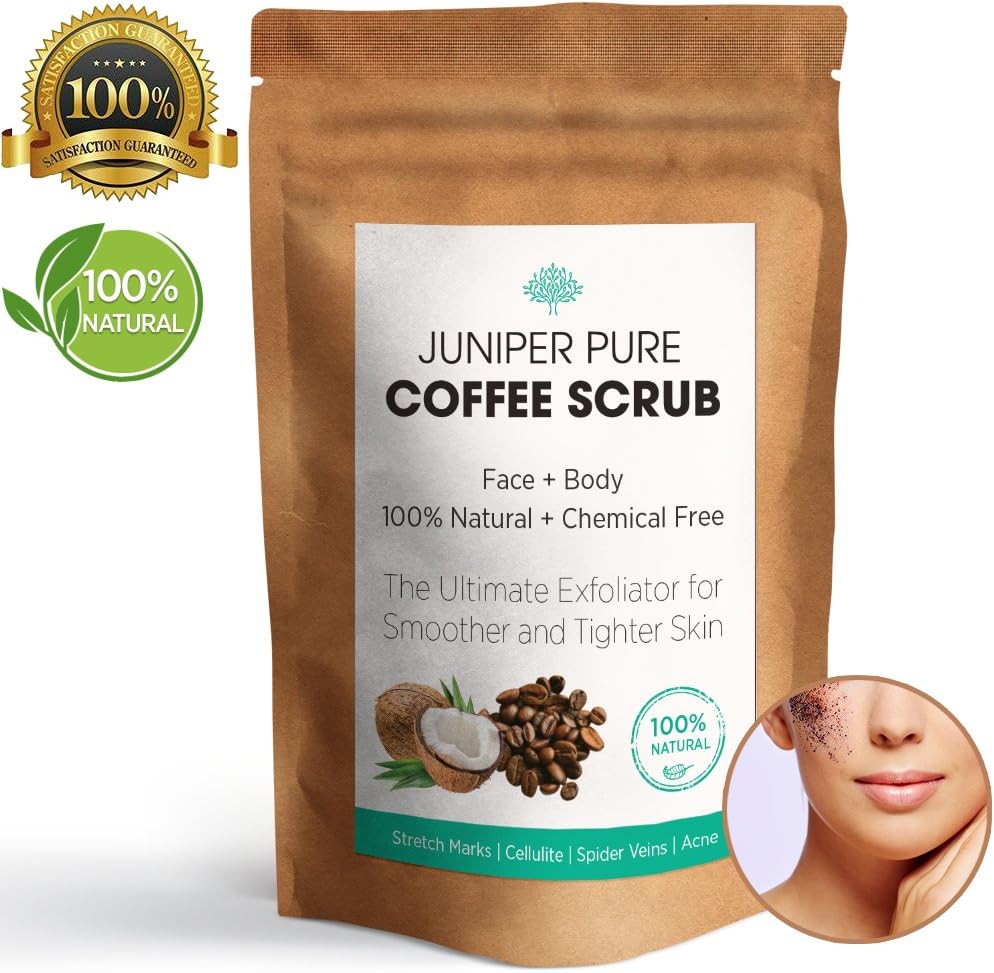 Juniper Pure Coffee Scrub - 100% Natural Exfoliator, Stretch Marks, Cellulite, Jojoba, Almond Essential Oils, Vitamin E, Coffee Beans, Cacao Butter, Sea Salt - Organic