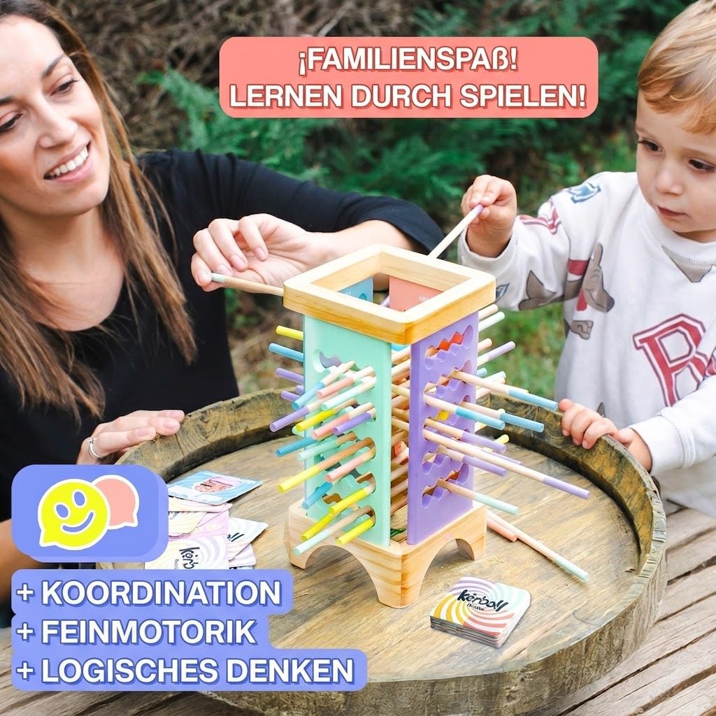 Kerball Up Jouets Montessori 3 4 5 ans en bois – Jeux de table éducatifs pour enfants Motricité fine | Tour amovible avec cartes et dés | Cadeau original pour fille
