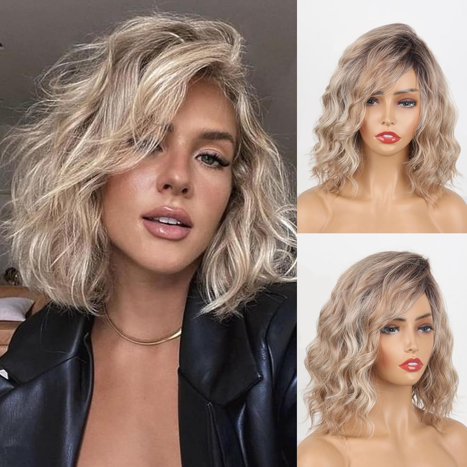 Photo 1 of Luxclipse Short Ombre Blonde Curly Bob Wig with Bangs for Women, Side Part, Real Human Hair, Dark Roots, Lightweight, Tangle-Free for Daily Use (Dirty Blonde, 12-14 inch)