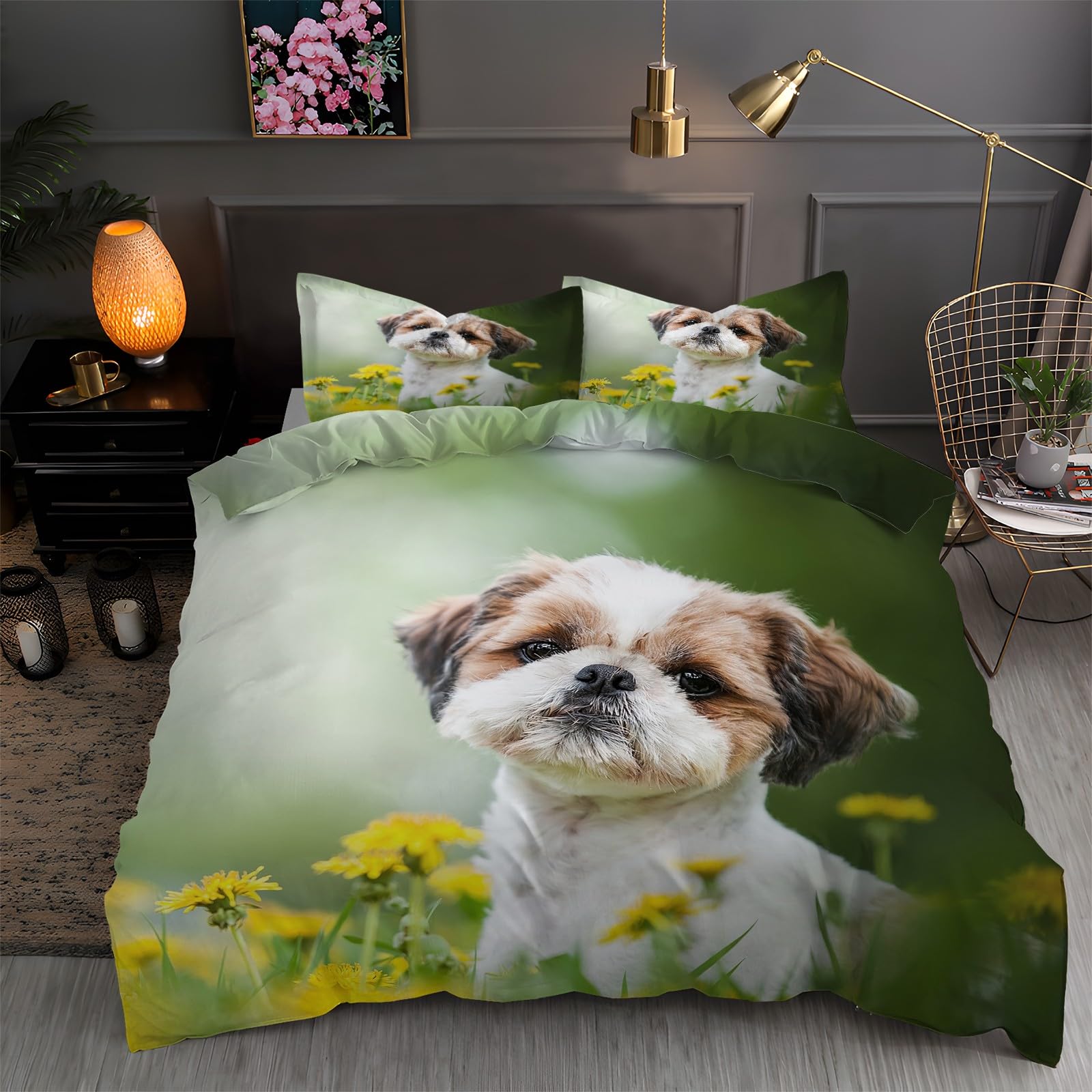 LLSZAHD Green King Duvet Cover Shih Tzu 3D Bedding Sets Brushed Microfibre