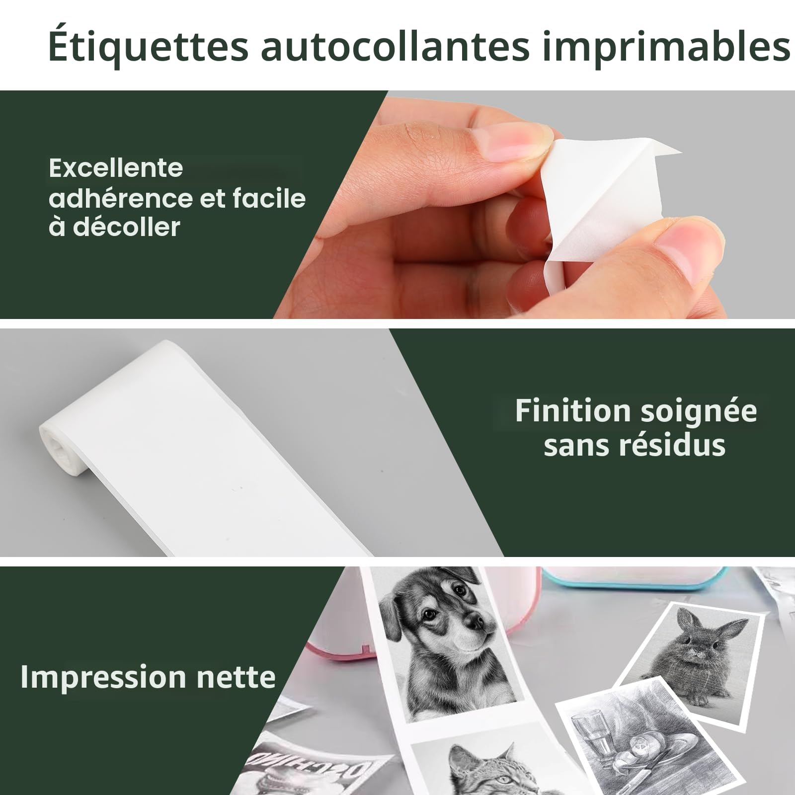 Papier Thermique pour Mini Imprimante, Lot de 10 Rouleaux Autocollants