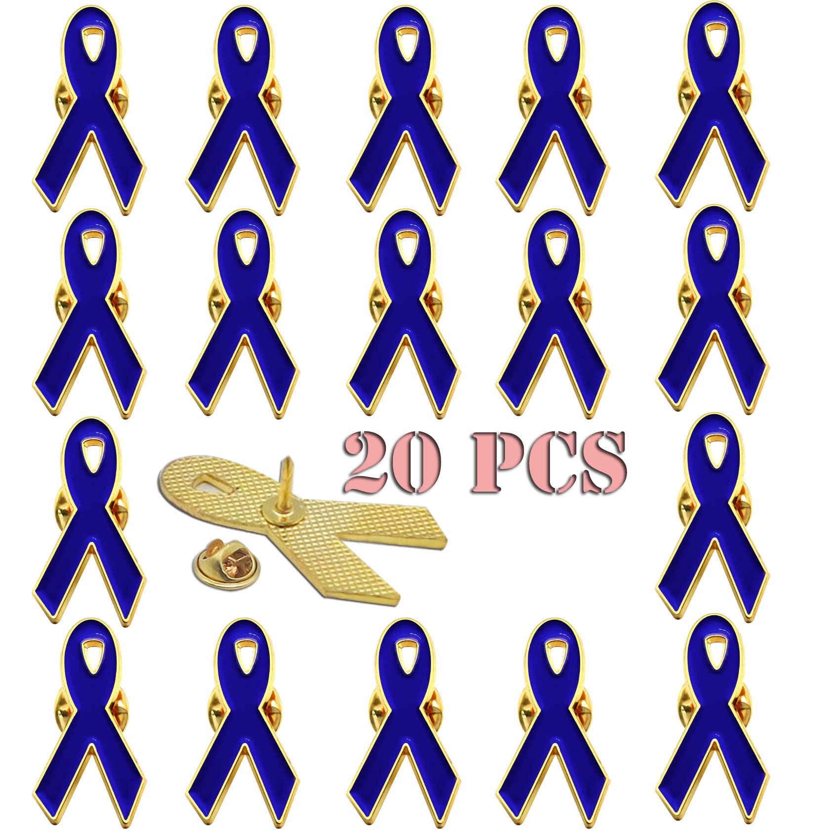 rhungift 20 Pack Metal Dark Blue Colon Cancer Awareness Ribbon Pins Hope Brooch Badge Disease&Child Abuse & Prostate Cancer Lapel Pin, Blue, 20Pack