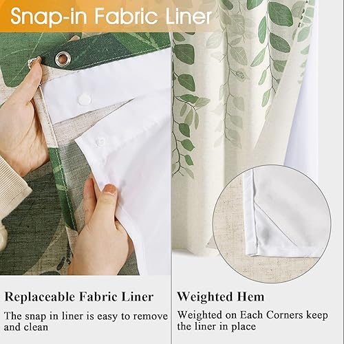 Miniatura 4 de SMABU Cortina de ducha de lino verde con forro y ganchos, cortina de ducha doble verde salvia, cortinas de ducha de hojas naturales, juego de