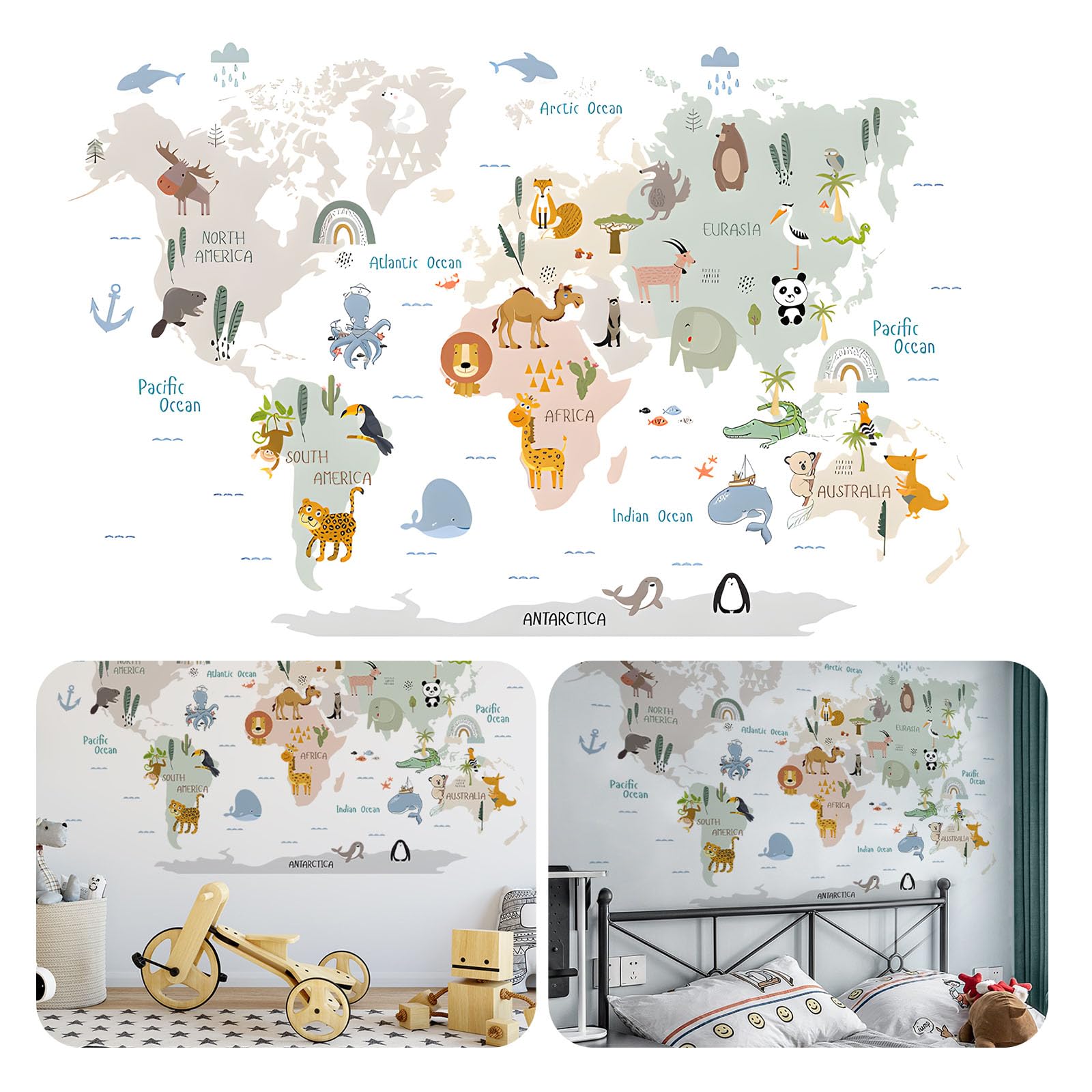GGUFAY Pegatinas Pared Decorativas Infantiles, Pegatinas Pared Decorativas de Mapa de Animales para Decoracion Habitacion Niño, Niña