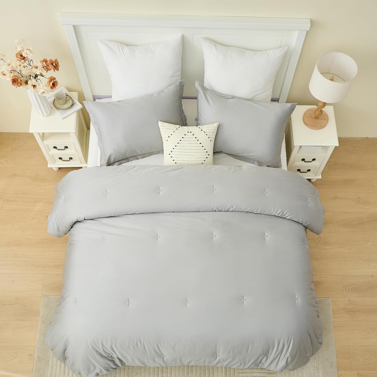 Finlonte Queen Comforter Set, 100% Cotton Comforter Bedding Set, Fluffy Solid Grey Color Bed Set, Lightweight Quilted for Queen Size Bed, 90" × 90", 3pcs, Down Alternative, Gray
