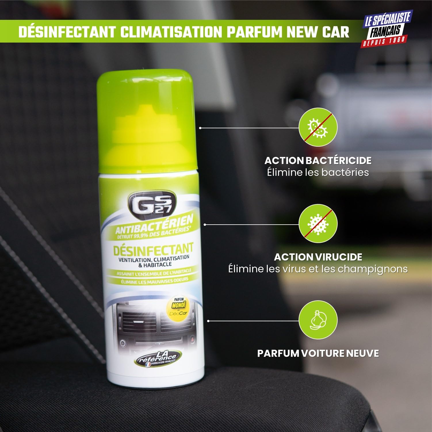 GS27 - Désinfectant Climatisation Voiture - Assainit la Ventilation et l'Habitacle - Parfum Monoï, Dark Sensation