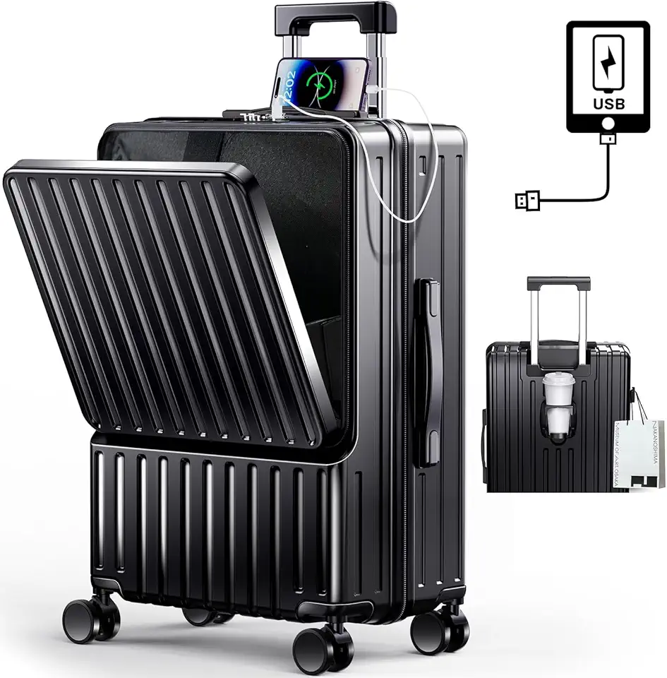 スーツケース フロントオープン 多機能 キャリーケース 軽量 カップホルダー付き 隠しフック機能 キャリーバッグ USBポート付き 耐衝撃 静音 360度回転 TSAローク ファスナータイプ キャリー