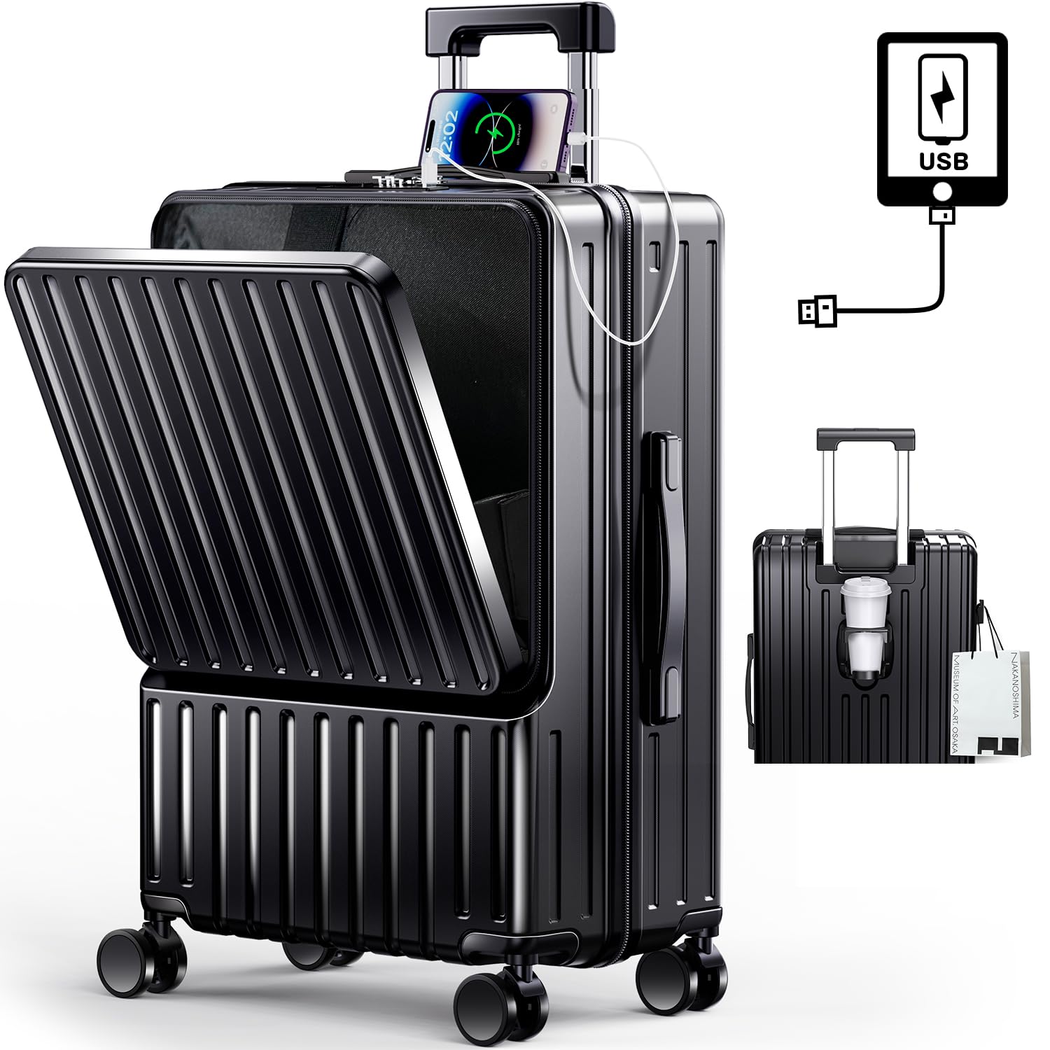 [BARGOHOY] スーツケース フロントオープン 多機能 キャリーケース 軽量 カップホルダー付き 隠しフック機能 キャリーバッグ USBポート付き 耐衝撃 静音 360度回転 TSAローク ファスナータイプ キャリーバッグ 人気 おしゃれ 旅行 ビジネス 出張 修学 泊まる 入院 (ブラック, Sサイズ機内持込OK /42L(1～3泊))