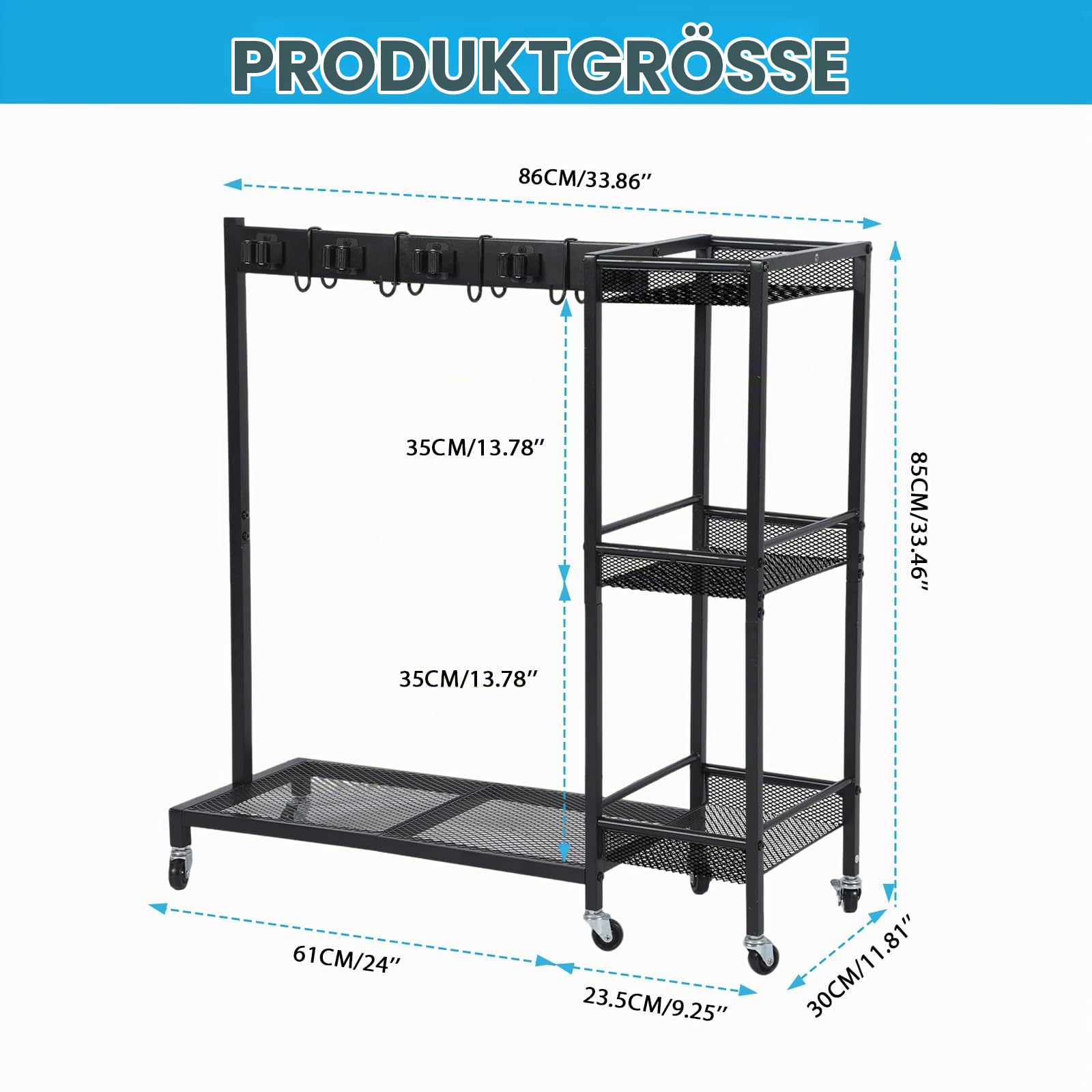 Reinigungswagen 85 × 62 × 30 cm – Mobiler Putzwagen mit Mopphalter & Besenhalter, 6 Räder mit 3 Bremse, 6 Gerätehalter & 2 Doppelhaken, 3 Ablagen – Haushalt & Reinigungstrolley