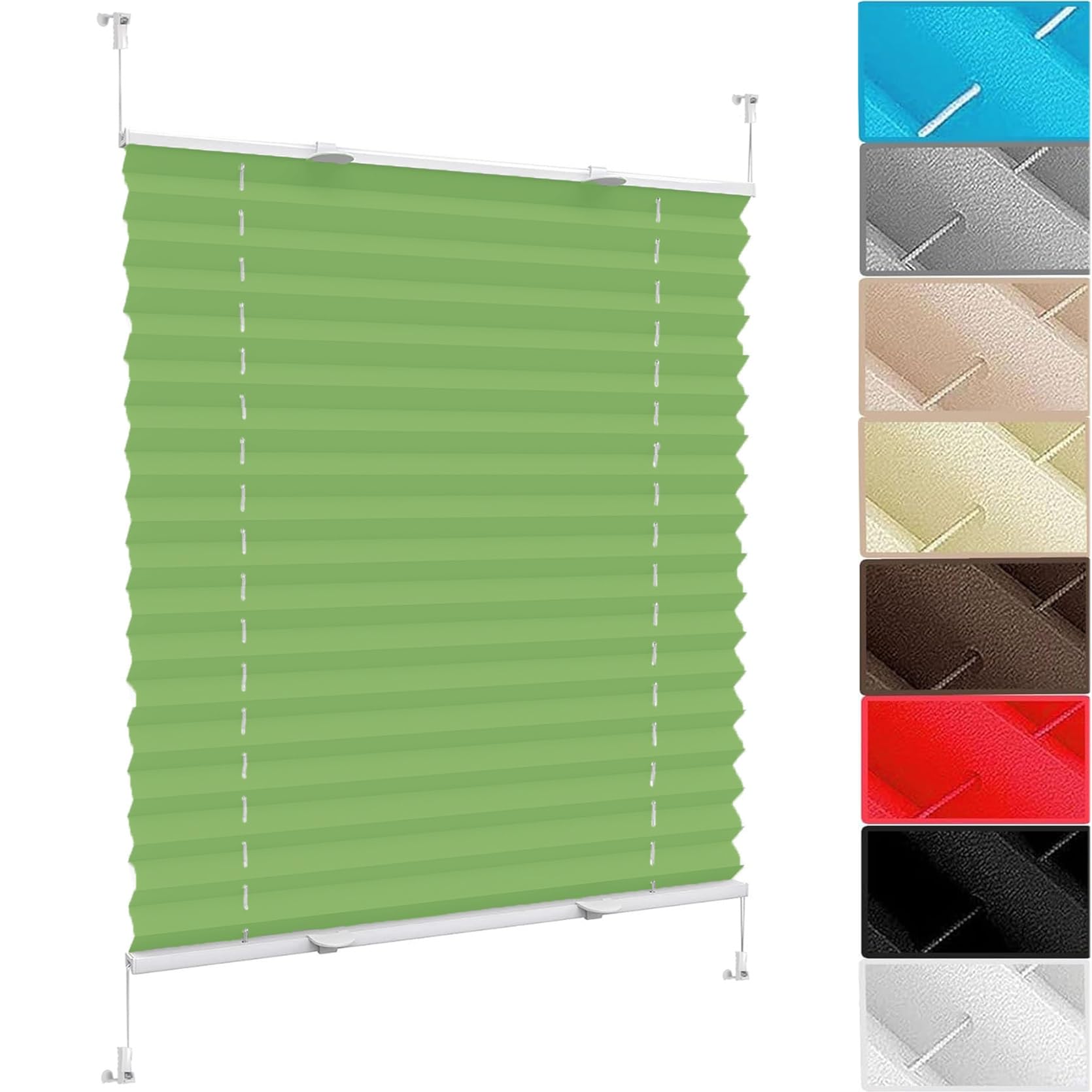 No Drill Blinds Instant Temporary Blinds 85 x 175 cm (W x H), No Drilling, Translucent, Crushed Look, No Drill Blinds Self Adhesive Blinds, Pleated Blind Window, for Window Door, Tender Green