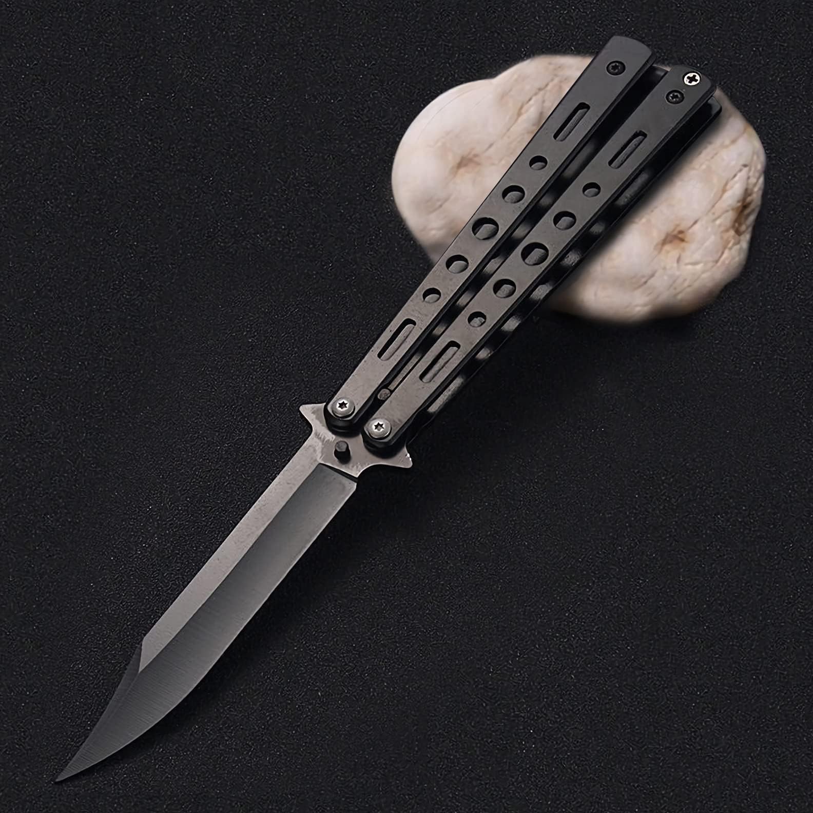 バタフライナイフ 練習用 トレーニング用 刃なし 折りたたみ式 蝶ナイフ 初心者 チョウ 練習刀 サバイバルゲーム用品 G10ハンドル (ブラック)