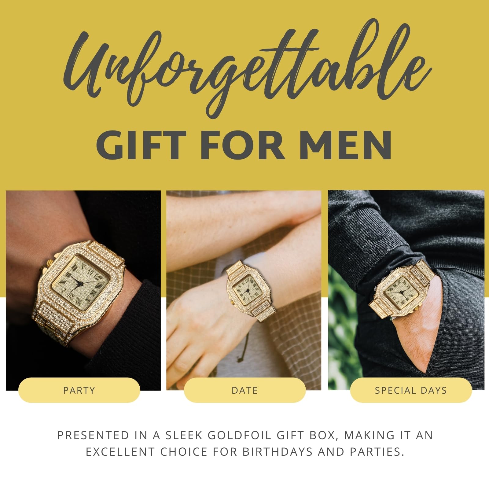 Reloj de diamantes para hombre y hombre, esfera cuadrada, pulsera de 20 mm de ancho, chapado en oro real/oro blanco de 18 quilates, chapado en platino, con juego de cadena de tenis opcional