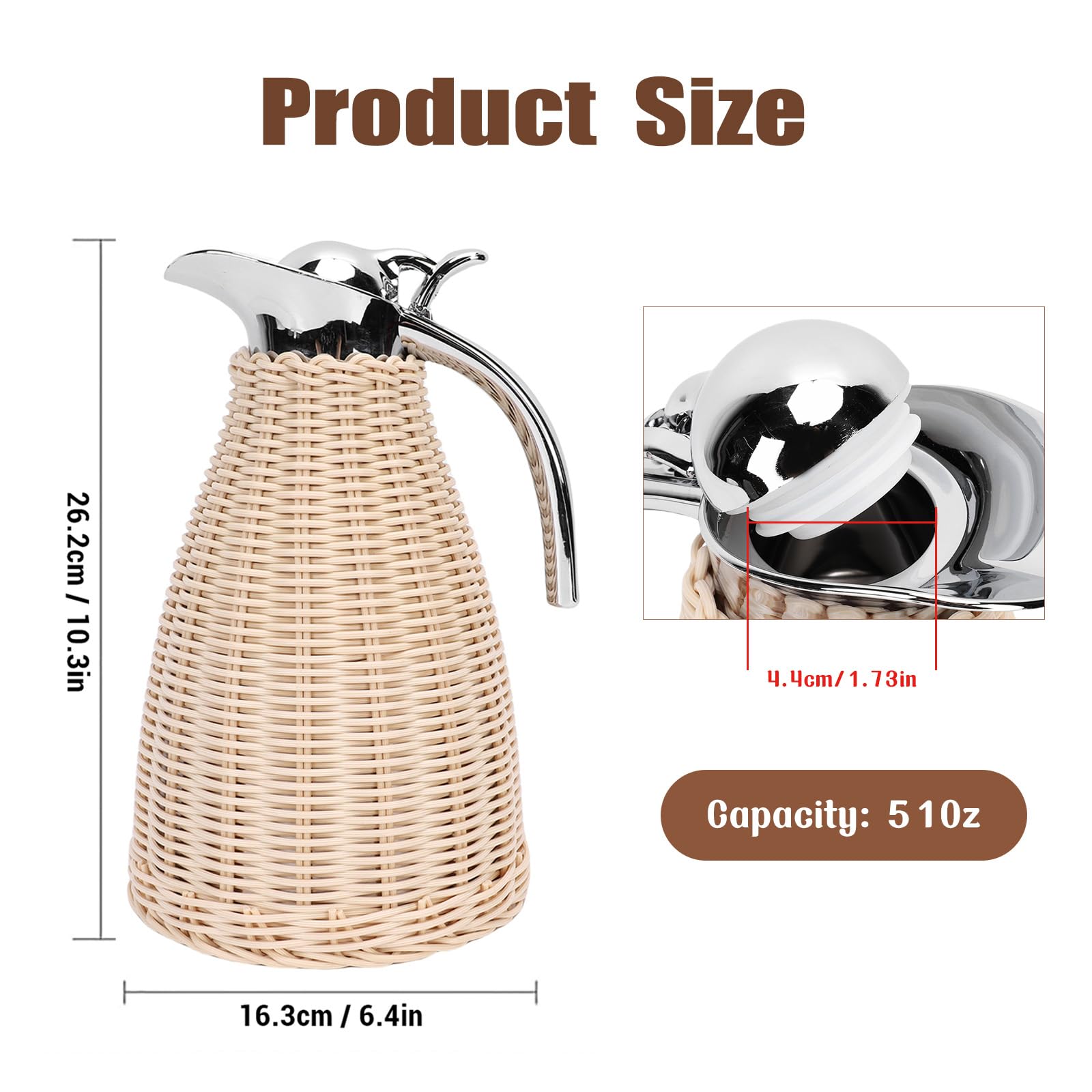 Jenngaoo Caraffa Termica in Acciaio Inossidabile intrecciato con Corpo in Rattan, Capacità 1.5 Litri, 3 Strati Isolanti, Mantenimento Caldo 12 Ore e Freddo 24 Ore, per Casa o Uffic (Beige)