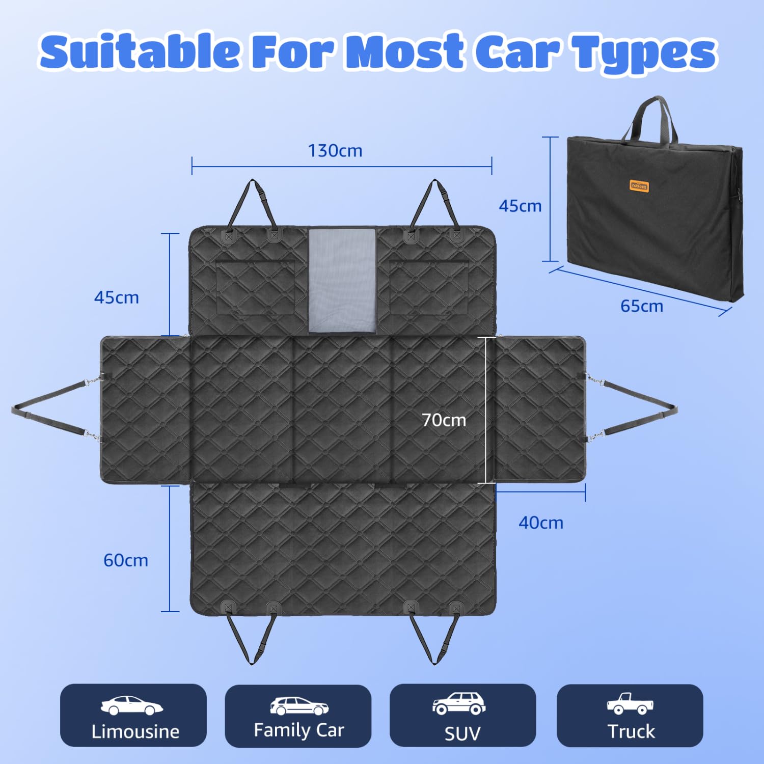 Nobleza - Extensor Asiento Perro 164x131cm con Parte Inferior Dura Removable, Funda Coche Perro Impermeable con Ventana Malla, 2 Bolsillos Grandes, Hamaca Coche, Negro