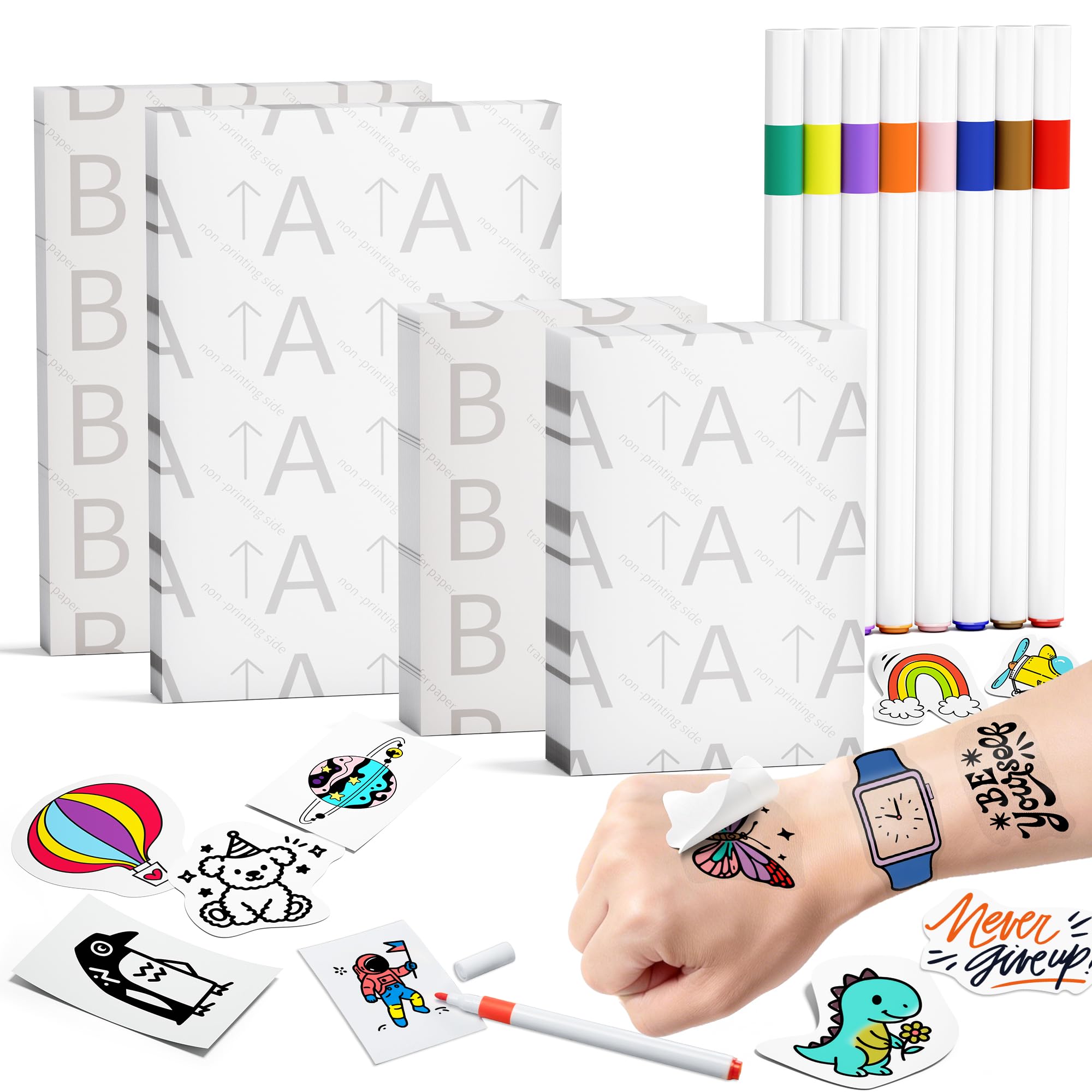 Phomemo TK32 Stampante Tattoo Temporanei Bambini Consumabili Kit, Contenente 50 Fogli di carta per tatuaggi e trasferimento (40 fogli da 2x3", 10 fogli da 3x5") e 8 penne marcatori
