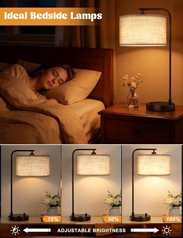 Innqoo Grey Tall Lamp for Bedroom with USB Port and Outlet, Dimmable Nightstand Bedside Lamps with Linen Lampshade, Desk Lamp for Home Office, Living Room, Guest Room, LED Bulb Included by Innqoo - Used condition - Image 3