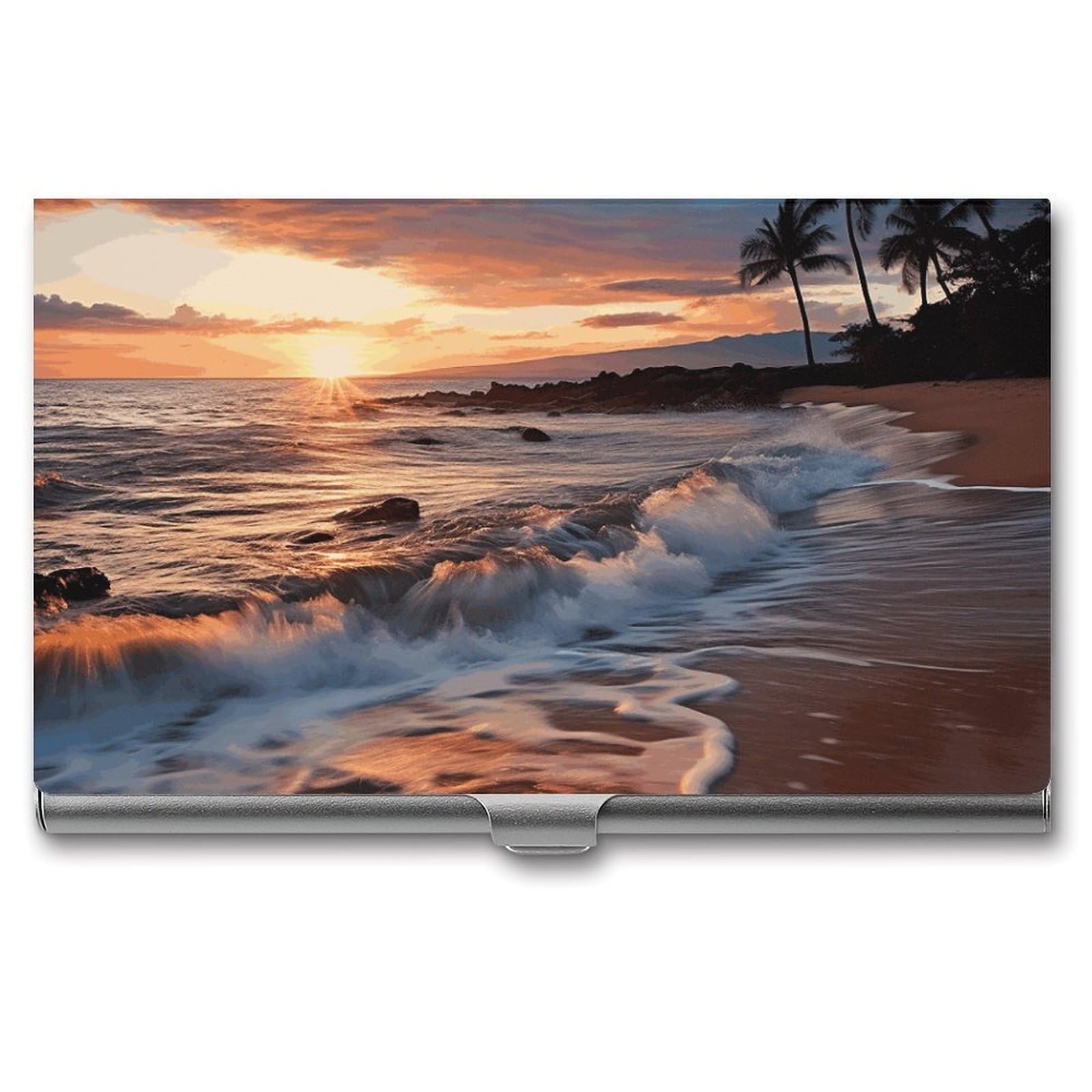 Lzqpoeas Men's Style Beach Maui Hawaii Sunset Sea Waves Clouds Custom Business Card Holder Slim Business Card Case For & Wo Pocket Metal Case Professional Stainless Steel Business Card Holders Purse Name Card Holde