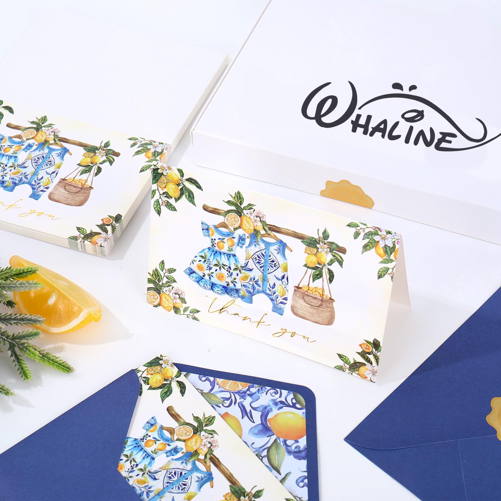 Whaline Lot de 50 cartes de remerciement pour fête prénatale en tissu citron méditerranéen feuille d'or avec enveloppes, autocollants, cartes vierges pour anniversaire, révélation du sexe, 10,2 x 15,2
