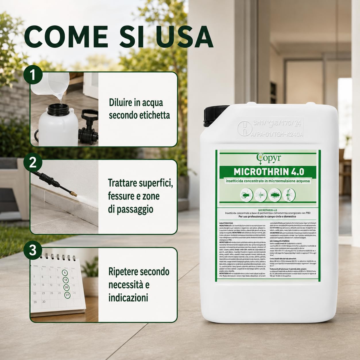 Microthrin 4.0 5 L Copyr – Insetticida Concentrato per Uso Civile e Domestico contro Zanzare, Mosche, Blatte e Formiche. Per interni ed esterni, idoneo per tutti i tipi di impianti e irroratori.