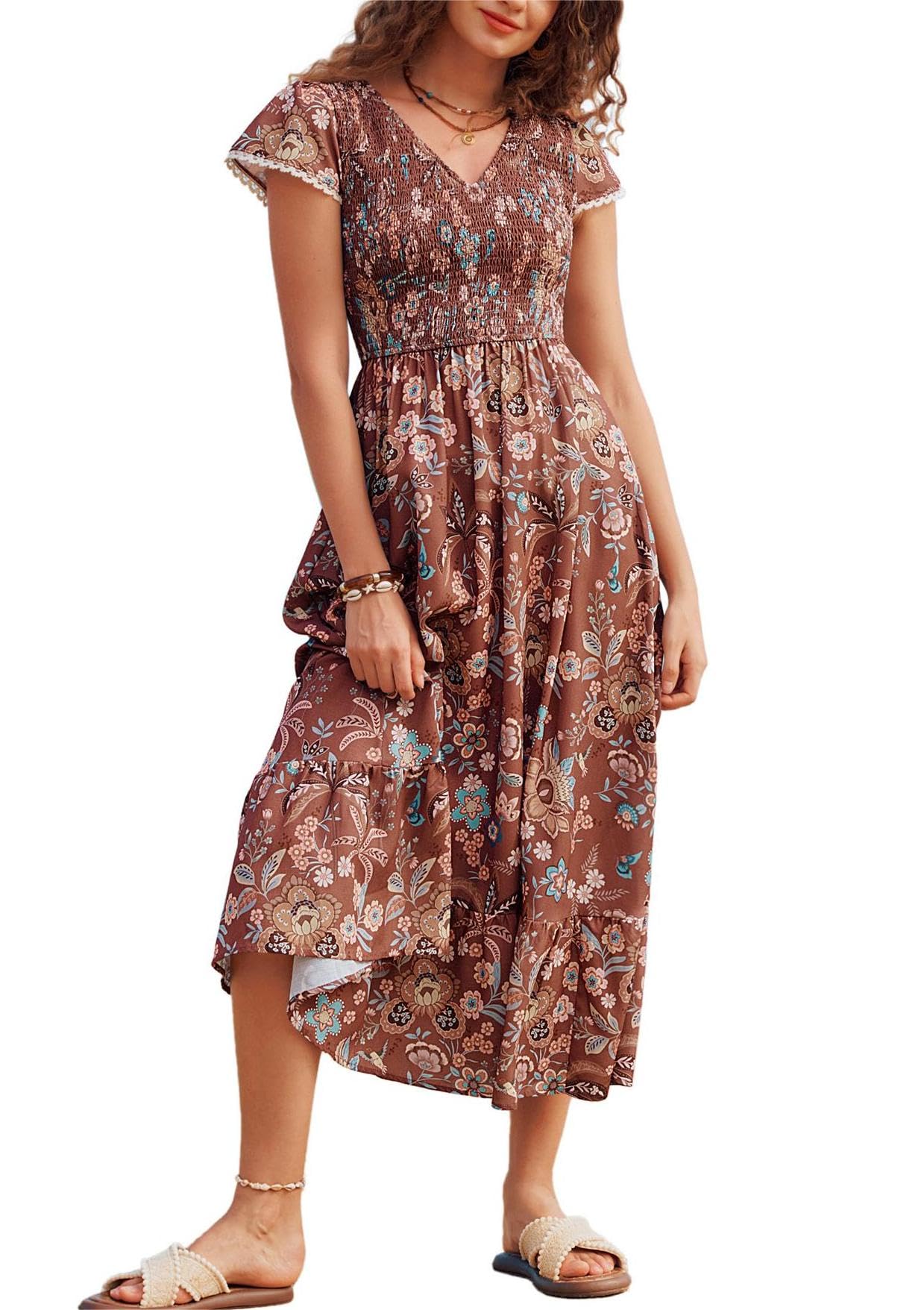 Kate Kasin Women's Floral Flowy Boho Dress Elastic Smocked Casual Maxi Dress Ruffled Summer Beach Vacation Sundress Brown M