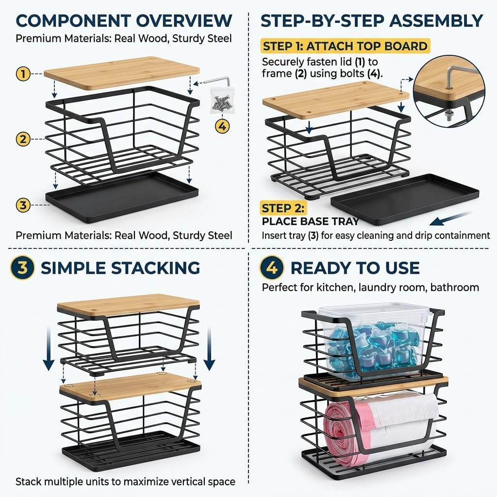 Stackable Kitchen Laundry Organizer with Bamboo Top - 2 Tier Counter Storage Rack for Pantry, Bathroom, Laundry Room - Black Iron Wire Shelf with Paper Towel Holder