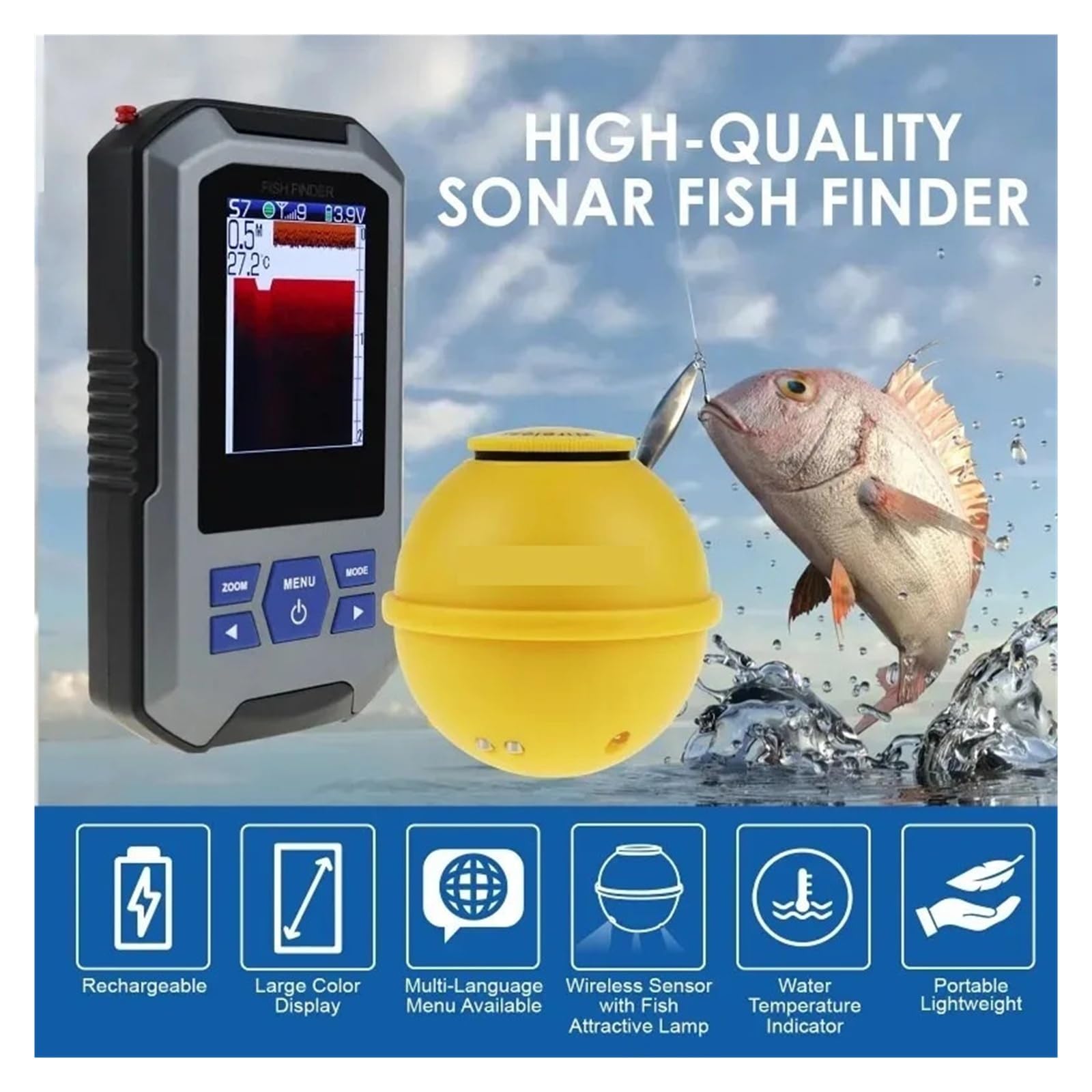 Ecoscandaglio, Trasduttore sonar wireless portatile per ecoscandaglio calcinabile, portata 200 m