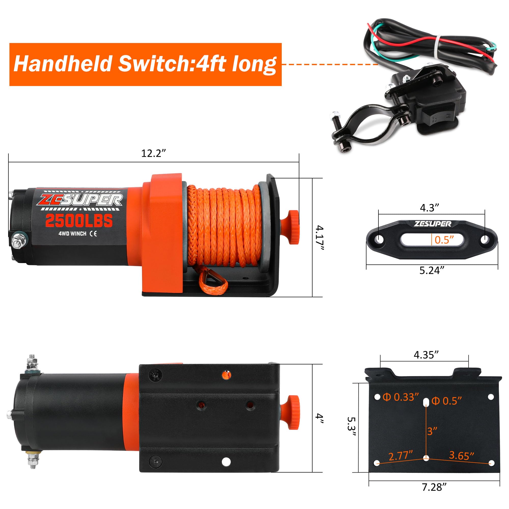 ZESUPER 1,134 kg 12 V DC elektryczna wciągarka 9 m, syntetyczna lina, terenowa, wodoodporna, zestawy wciągarek do łodzi UTV ATV z bezprzewodowym pilotem, przełącznik ręczny