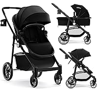 Vista 12 de INFANS Cochecito infantil 2 en 1, cochecito de bebé horizontal y cochecito de cuna reversible, cochecito plegable con toldo ajustable, cesta