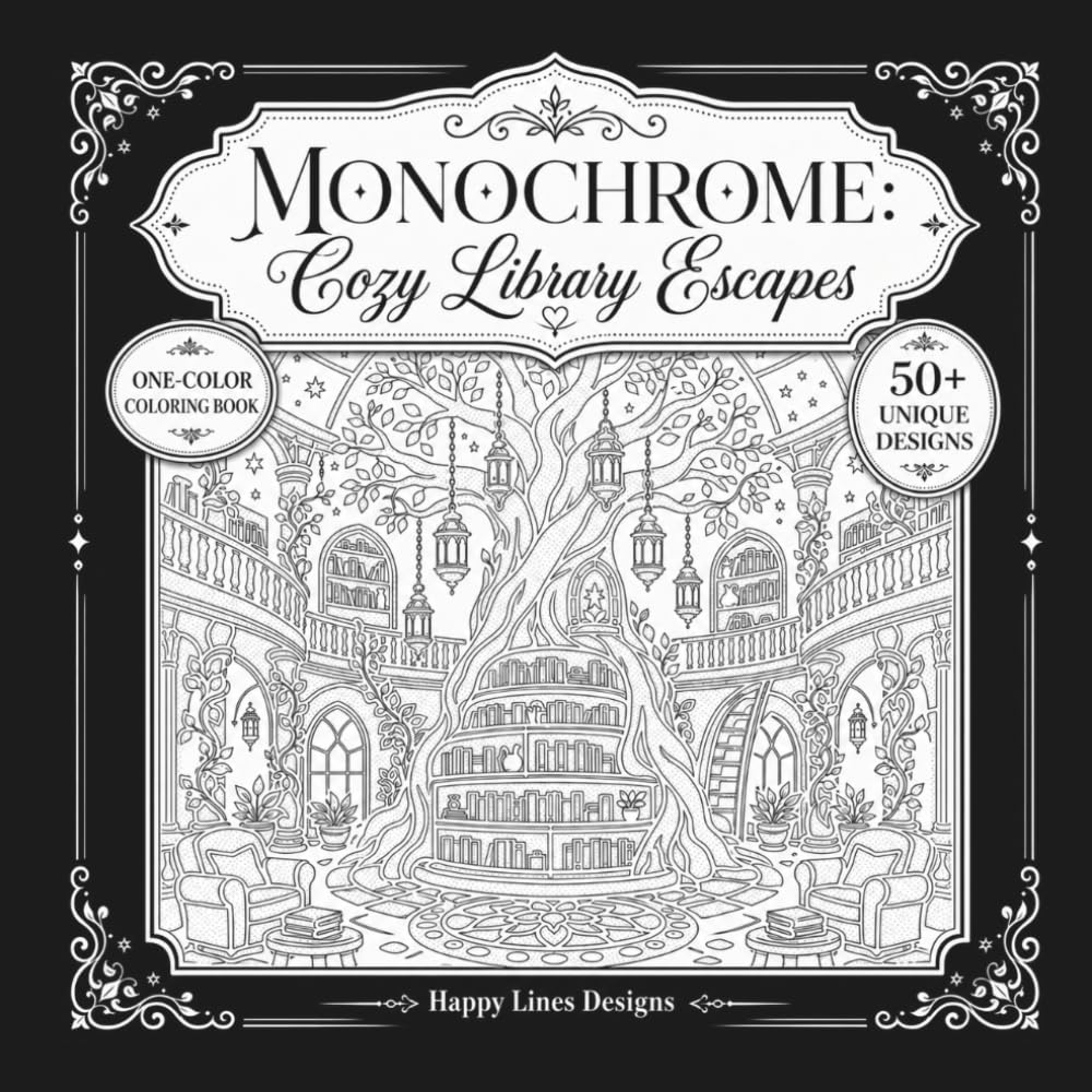 MONOCHROME: Cozy Library Escapes: A One-Color Coloring Book of Cozy Reading Nooks, Moonlit Libraries, and Relaxing Bookish Escapes