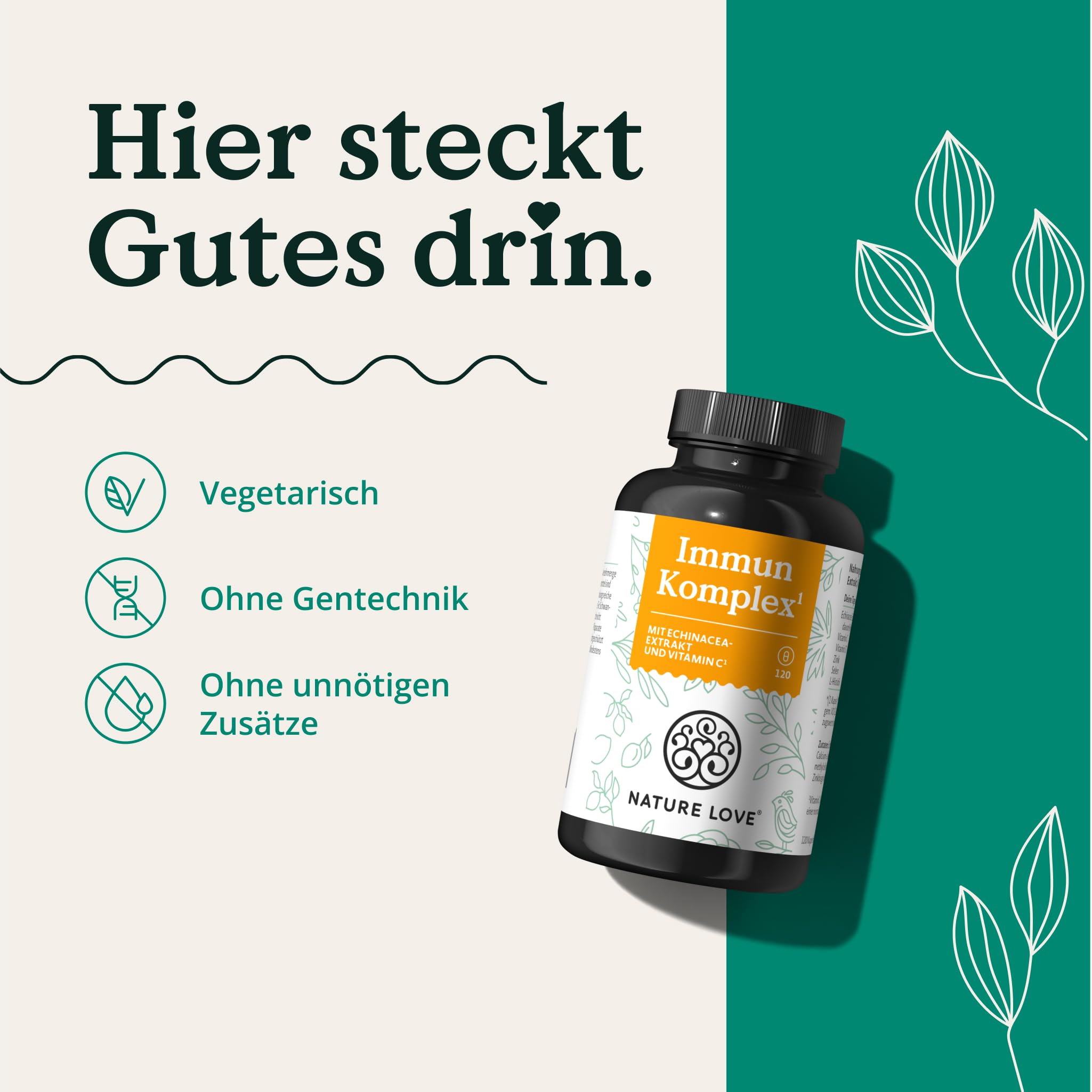 NATURE LOVE® Immun Komplex - 120 Kapseln - 4 Monate Reichweite - mit Echinacea-Extrakt, Vitamin C & D, Zink, Selen und Histidin - Immunsystem unterstützen* - hochdosiert, laborgeprüft aus Deutschland