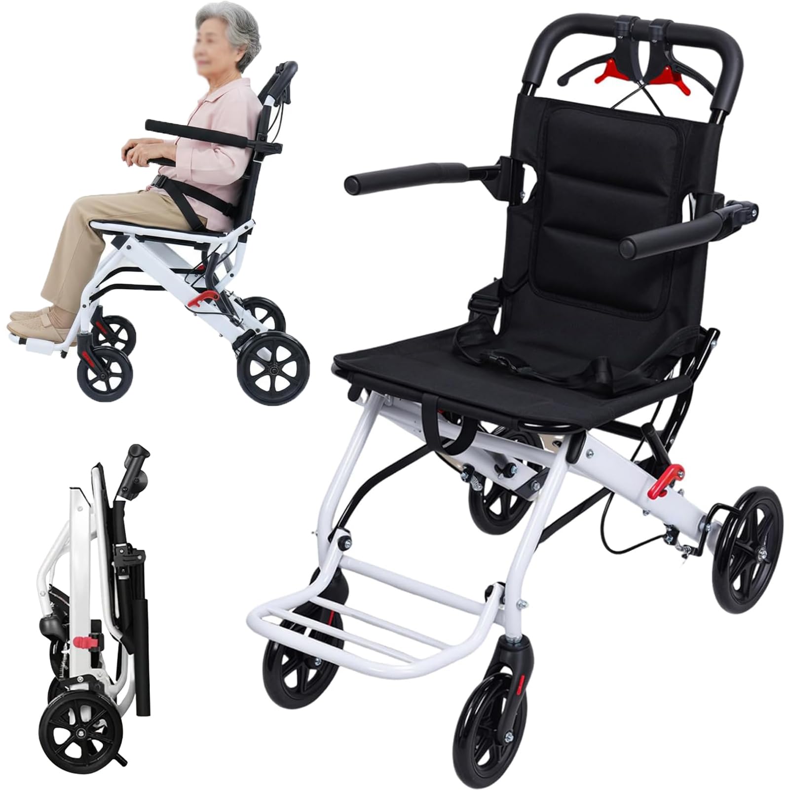 Silla de ruedas plegable, ligera, portátil, silla de ruedas plegable ligera - Marco de aluminio, ruedas de poliuretano y cinturón de seguridad, portátil para viajes, apto para adultos y personas