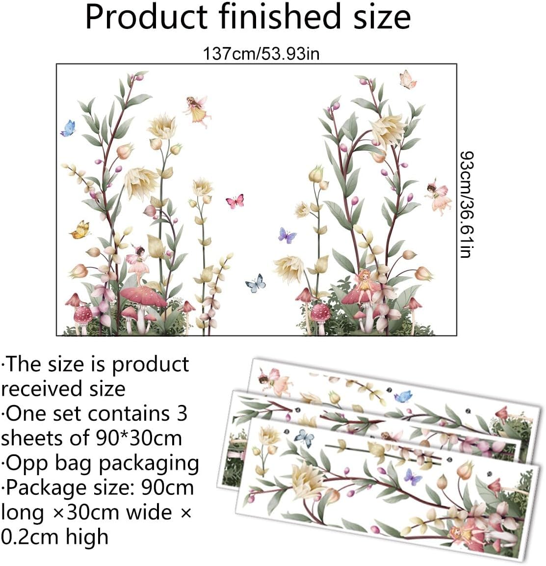 Boho Flower Wall Decals Fairy Wall Decor Wildflower Stickers with Mushroom Peel and Stick Removable for Girls Bedroom, Kids Room, Living Room, Office