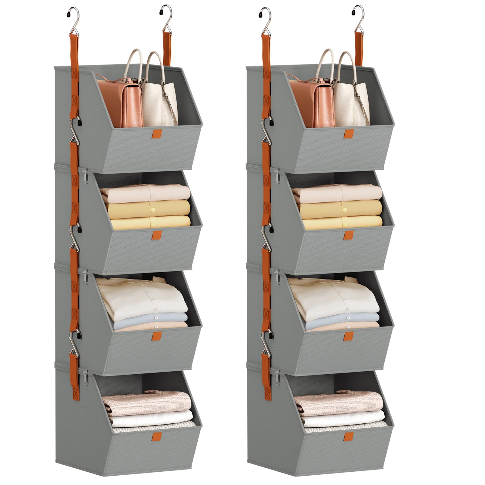 Homsorout Hanging Closet Organizer 4 Tier - Clothes Hanging Shelves, Space-Saving Closet System, Fabric Storage Bins Bedroom Organization, Collapsible Baskets for Home, Dorm, Rv, Grey, 8 Pack
