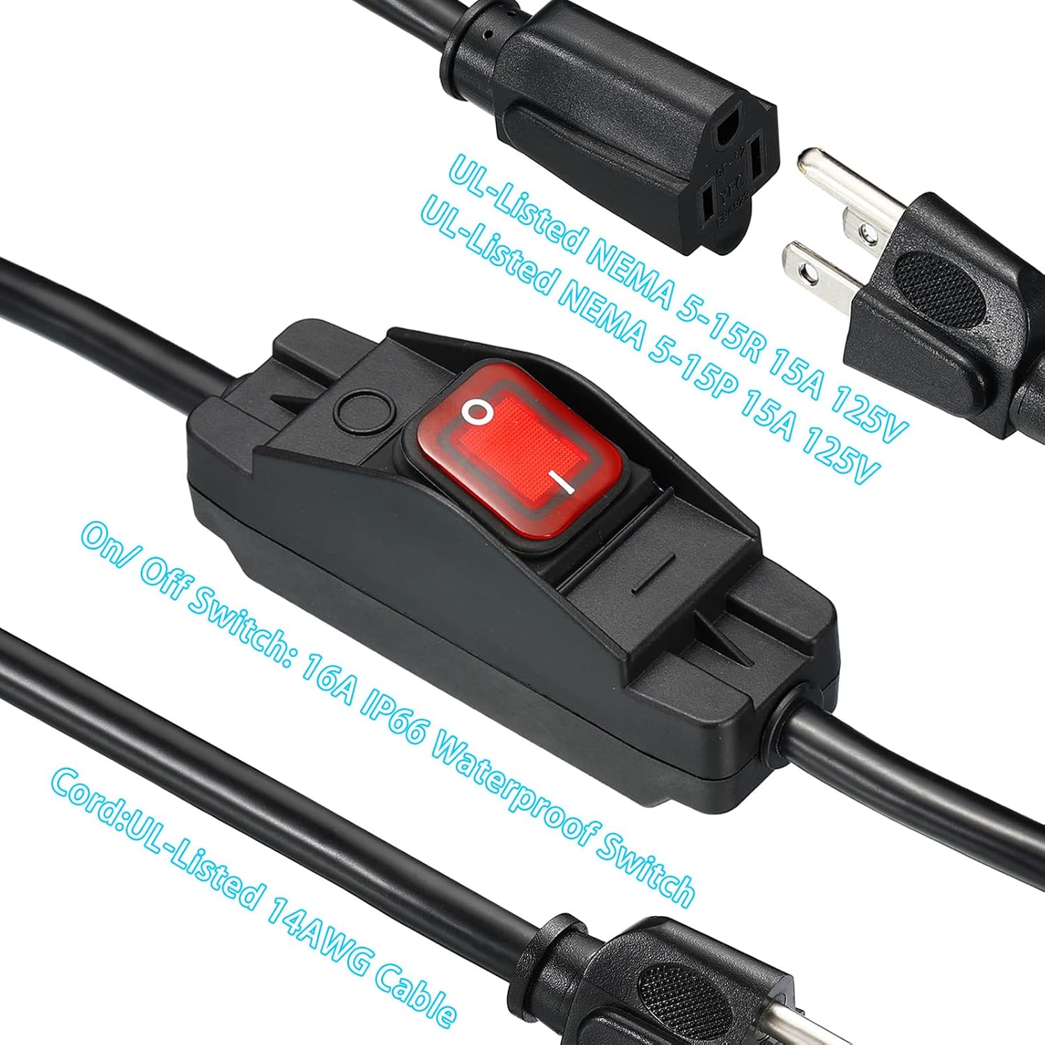 PATIKIL 3Ft Outdoor Extension Cord with Waterproof Switch, 2 Pack 3 Prong Extension Cable 1875W 14AWG Switchable Power Cord for Appliances, Black