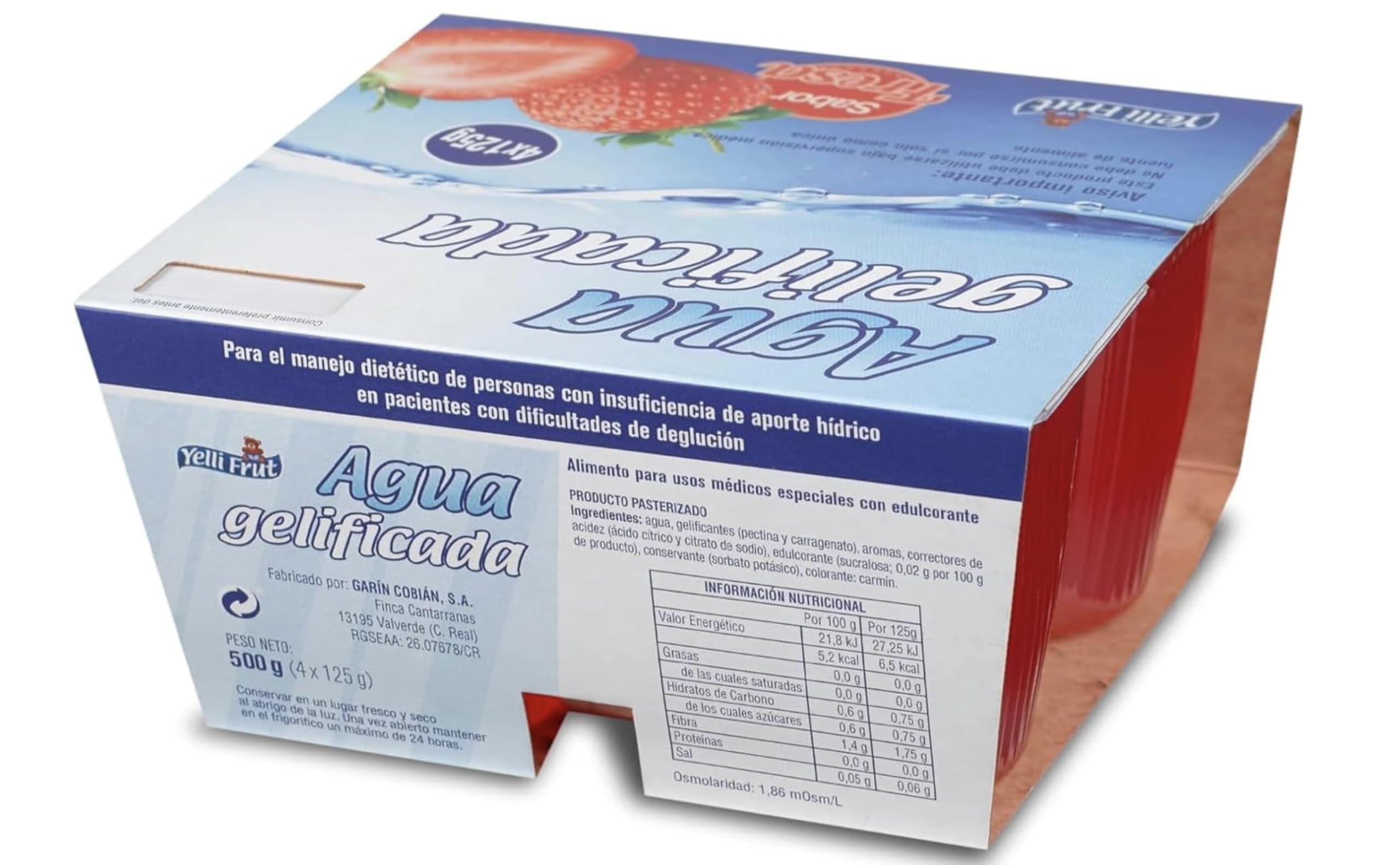 Eau gélifiée. Épaississant pour la dysphagie. Saveur fraise, en pot de 125 g. Lot de 6 x 4 = 24 pots. Saveurs eau gélifiée pour la dysphagie. Eau gélifiée pour une hydratation en toute sécurité.