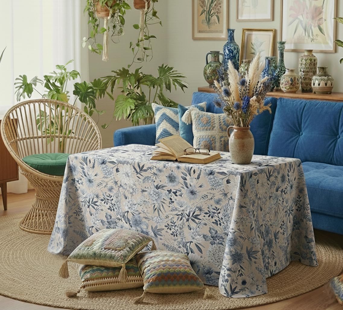 LaFábricadelasTelas -Falda,Ropa de Mesa Camilla Rectangular Primavera Otoño Loneta Estampada Flores algodón, Faldón Faldilla enagüilla. (60x110cm, 70x120cm) (Gris-Azulado, Rectangular 60x110 cm)