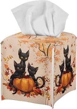 Tissue Box Cover Stylish Home Decor, Black Cat Pumpkin Print PU Leather Tissue Case Facial Paper Cube Holder Napkin Tissue Organizer with Bottom Belt