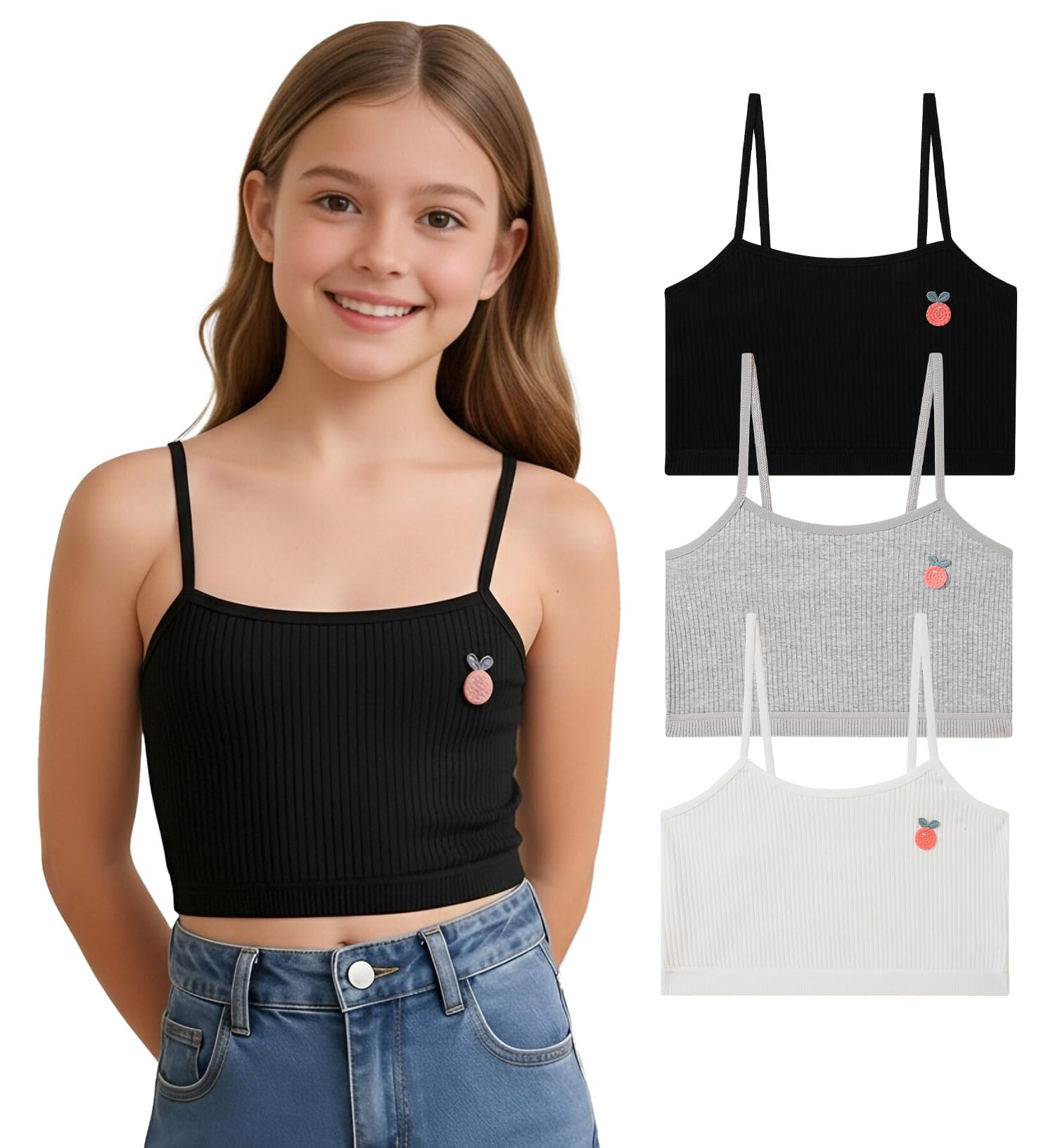 SEAUR Mädchen Tank Top Sommer Spaghettiträgern 3er-Pack Baumwolle Bustier Mädchen Sport BH ohne Polster Bequeme