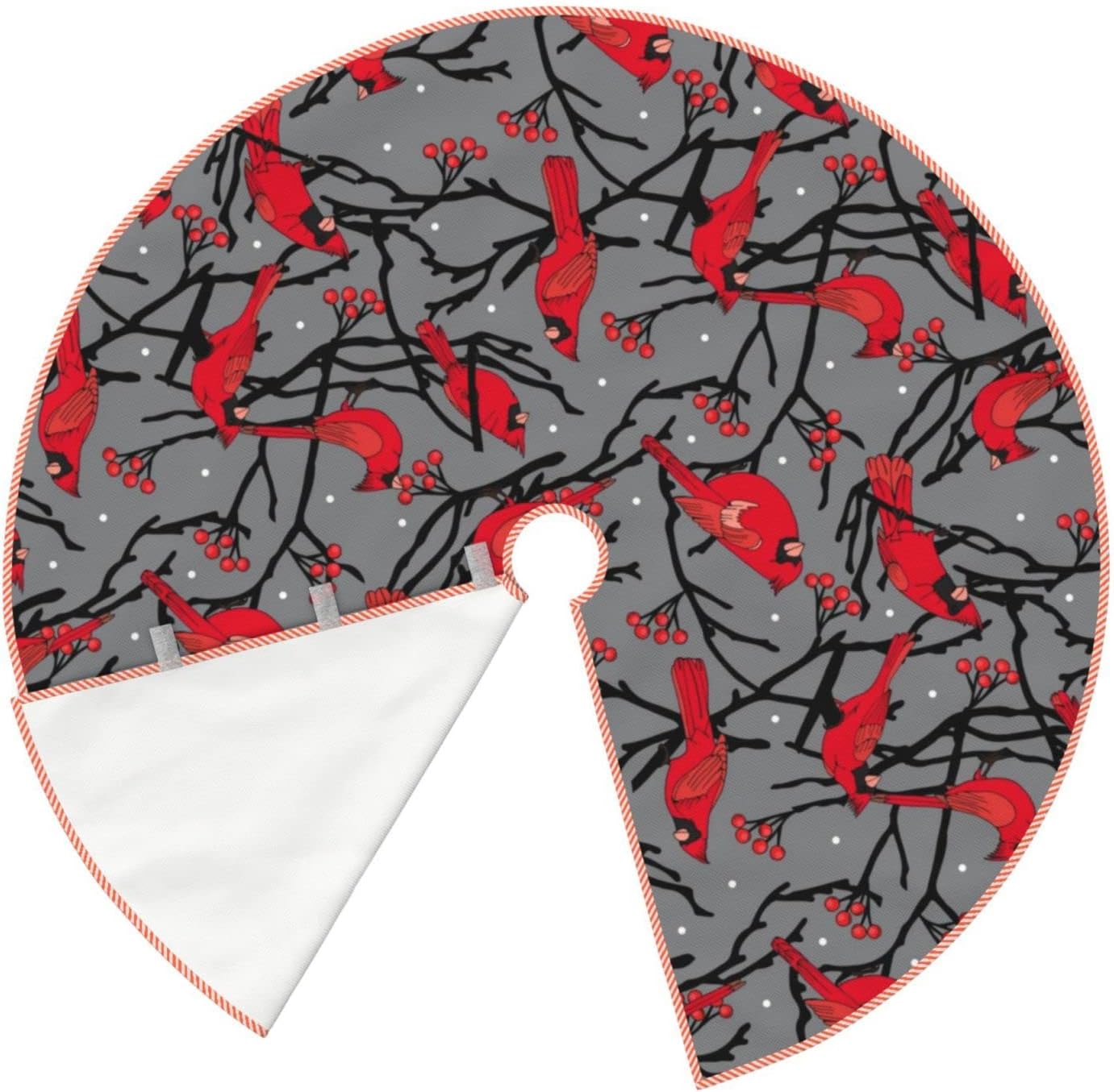 Christmas Tree Skirt 48 inches Red Birds Cardinals and Berries Winter Scene Gray Xmas Tree Skirts Mat Farmhouse Rustic Xmas Holiday Indoor Party Outdoor Decoration