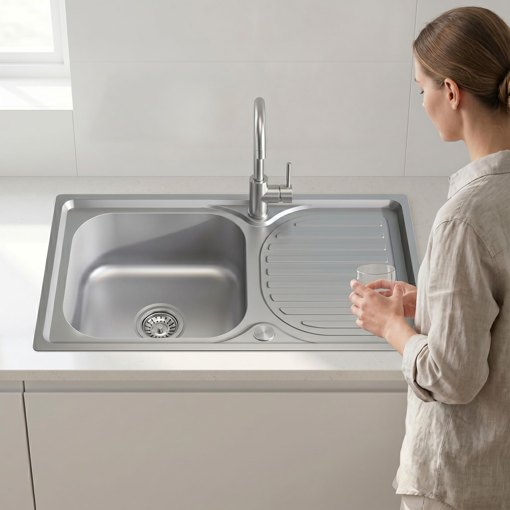 Mucola Einbauspüle Küchenspüle Edelstahl mit Abtropffläche 76x42 cm Silber | Becken links 36,5x33,5 cm, Excenter-Drehknopf für den Wasserablauf, satinierte Leinenstruktur, kratzunempfindlich