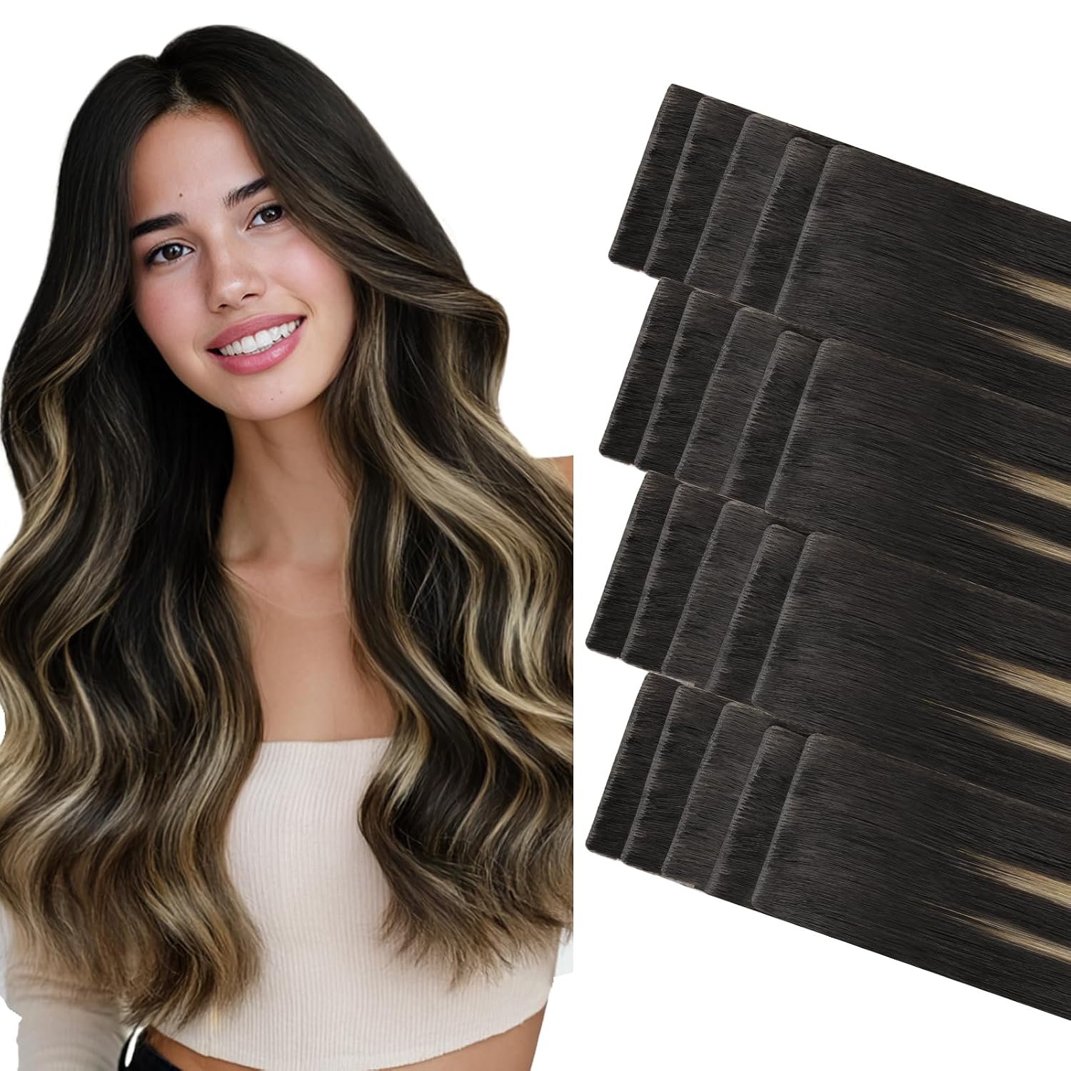 GOO GOO Invisi Edge Tape in Hair Extensions Human Hair, 1B/19/1B Natural Black to Light Blonde, 20pcs 22inch 50g, Virgin Remy Hair Natural Look