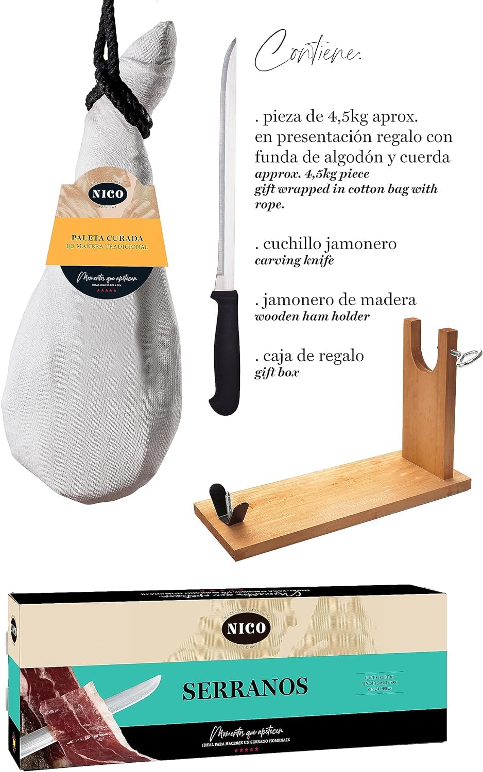 Prosciutto Spagnolo (Spalla) NICO + Porta Prosciutto + Coltello 4,5 kg