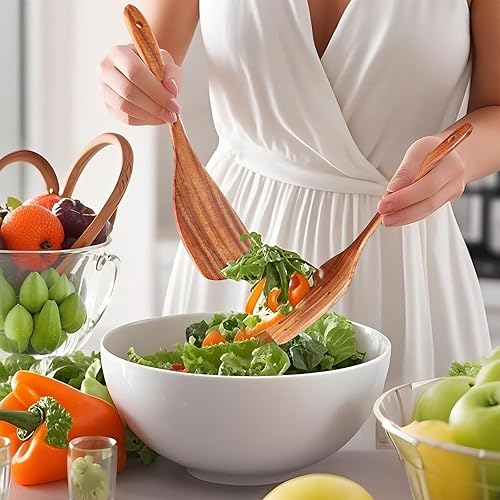 Miniatura 8 de Paquete de 2 espátulas de madera, espátula de madera de acacia con mango largo, cucharas de madera hechas a mano para cocinar, juego de utensilios