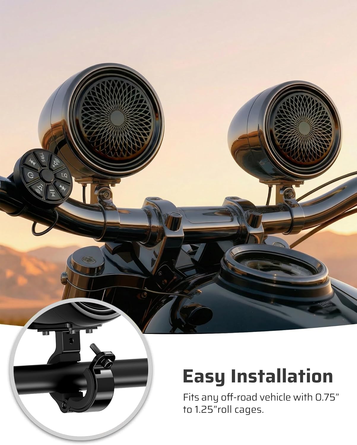 Ehaho Motorcycle Speakers Bluetooth Waterproof 4 Pack, 1200W 4" Stereo Audio System with Class-D Amplifier, FM Radio, USB, 0.75-1.25" Handlebar Mount Kit for Harley ATV UTV Golf Cart -Black