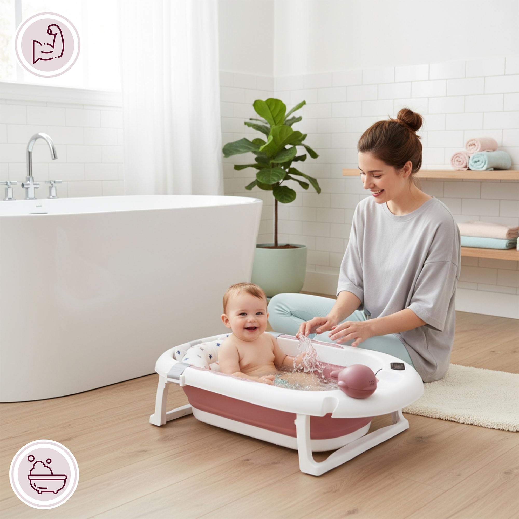 Moby-System Bañera Bebé Plegable con Termómetro LCD Incluye Inserto Soporte Alto y Bajo Vasito de Ballena – Compacta y Segura desde Recién Nacido – Rosa Empolvado