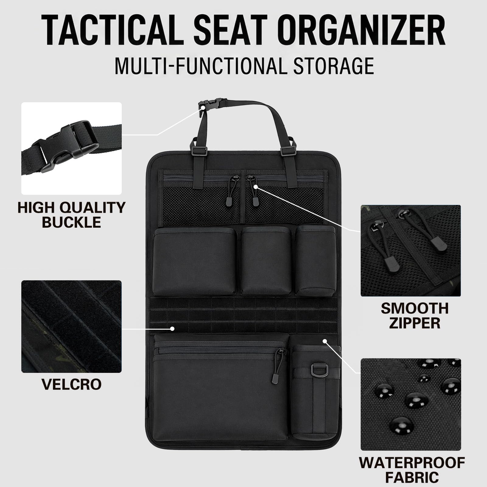 Autositz Organizer 42x62cm, Auto Organizer Rücksitz mit 2 Netztaschen, 3 Taschen, 1 Reißverschlusstasche, 1 Becherhalter Ideal für Camping, Reisen (Schwarz)
