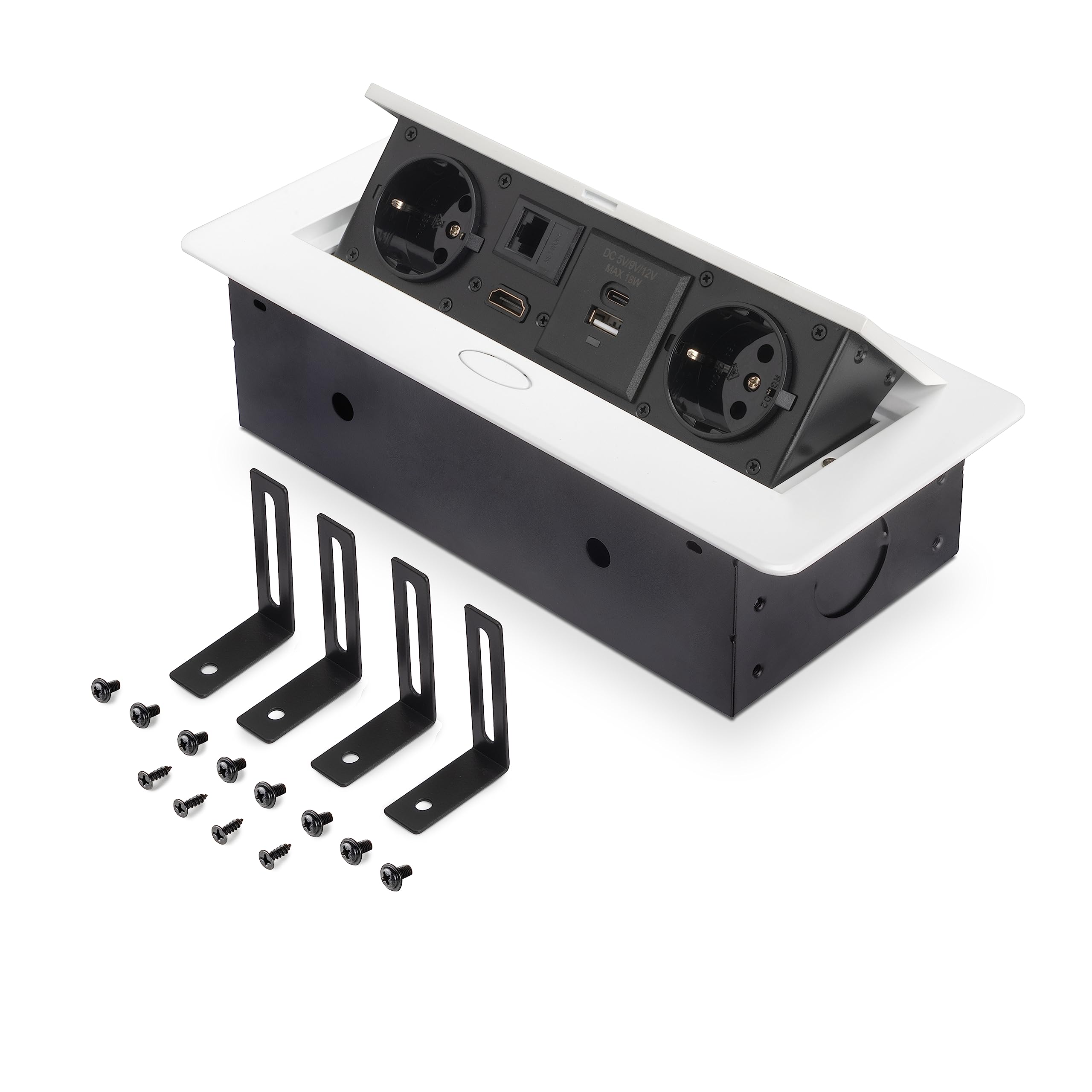 Emuca - Blocco multipresa a scomparsa da incasso nella scrivania, ciabatta multipresa (spina EU tipo F, USB A+C, RJ45 e HDMI), 265x120mm, bianco