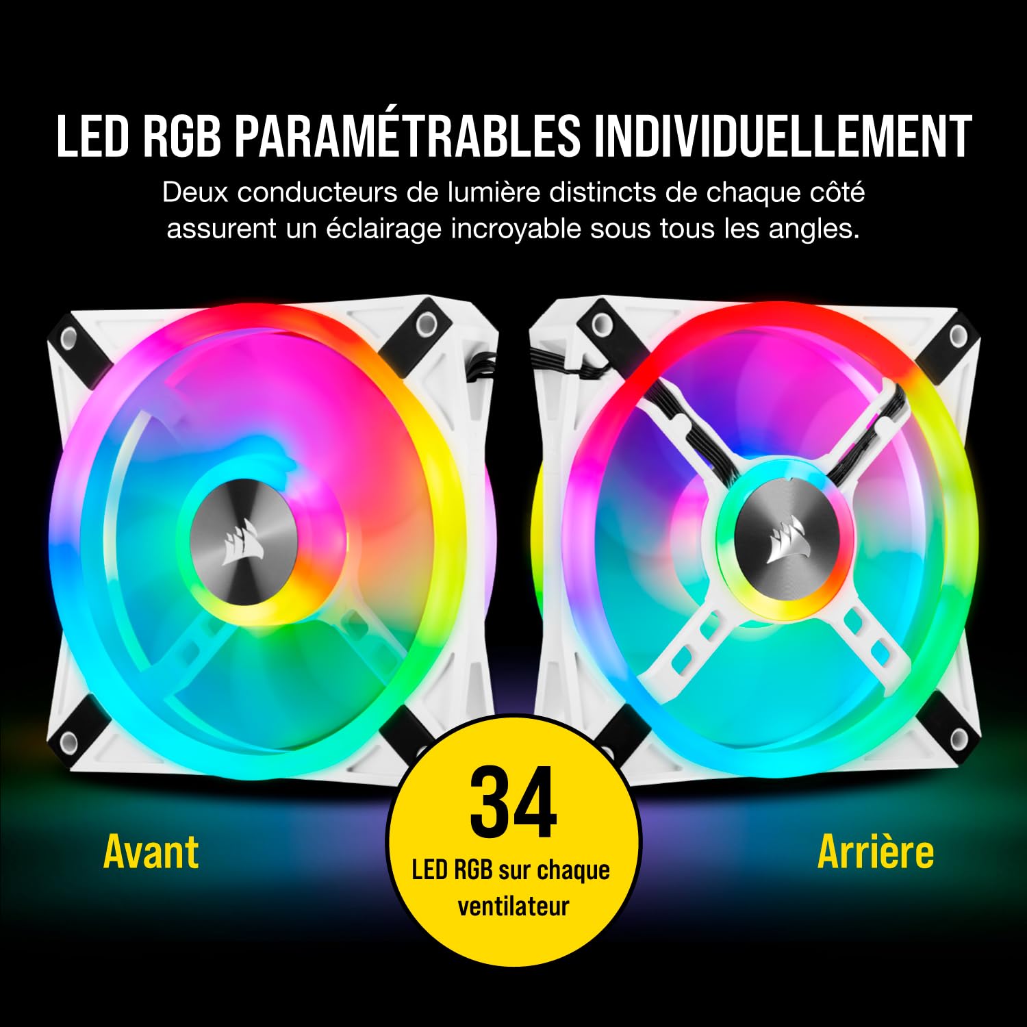 Corsair iCUE QL120 RGB, Ventilateur LED RGB PWM 120 mm (102 LED RGB Paramétrables Individuellement, Allant jusqu’à 1 500 TR/Min, Faible Bruit) Lot de Trois Ventilateurs avec Lighting Node CORE - Blanc