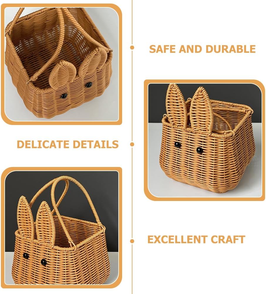 Easter Bunny Ear Woven Basket: Small Easter Egg Basket Rabbit Ears Picnic Wicker Basket with Handles for Candy Storage Egg Hunt Party Favor